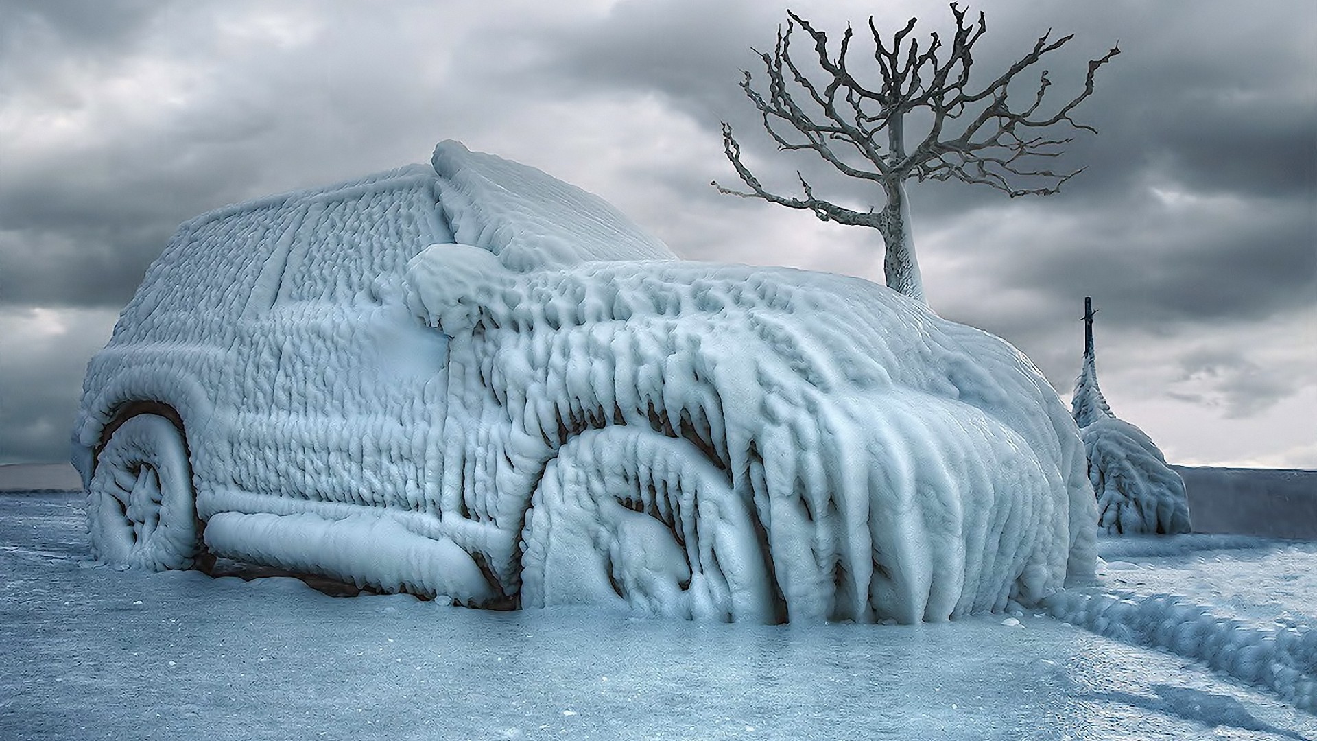 Ice Car Winter Cold Vehicle Frost Icicle White Cars Overcast Dead Trees 1920x1080