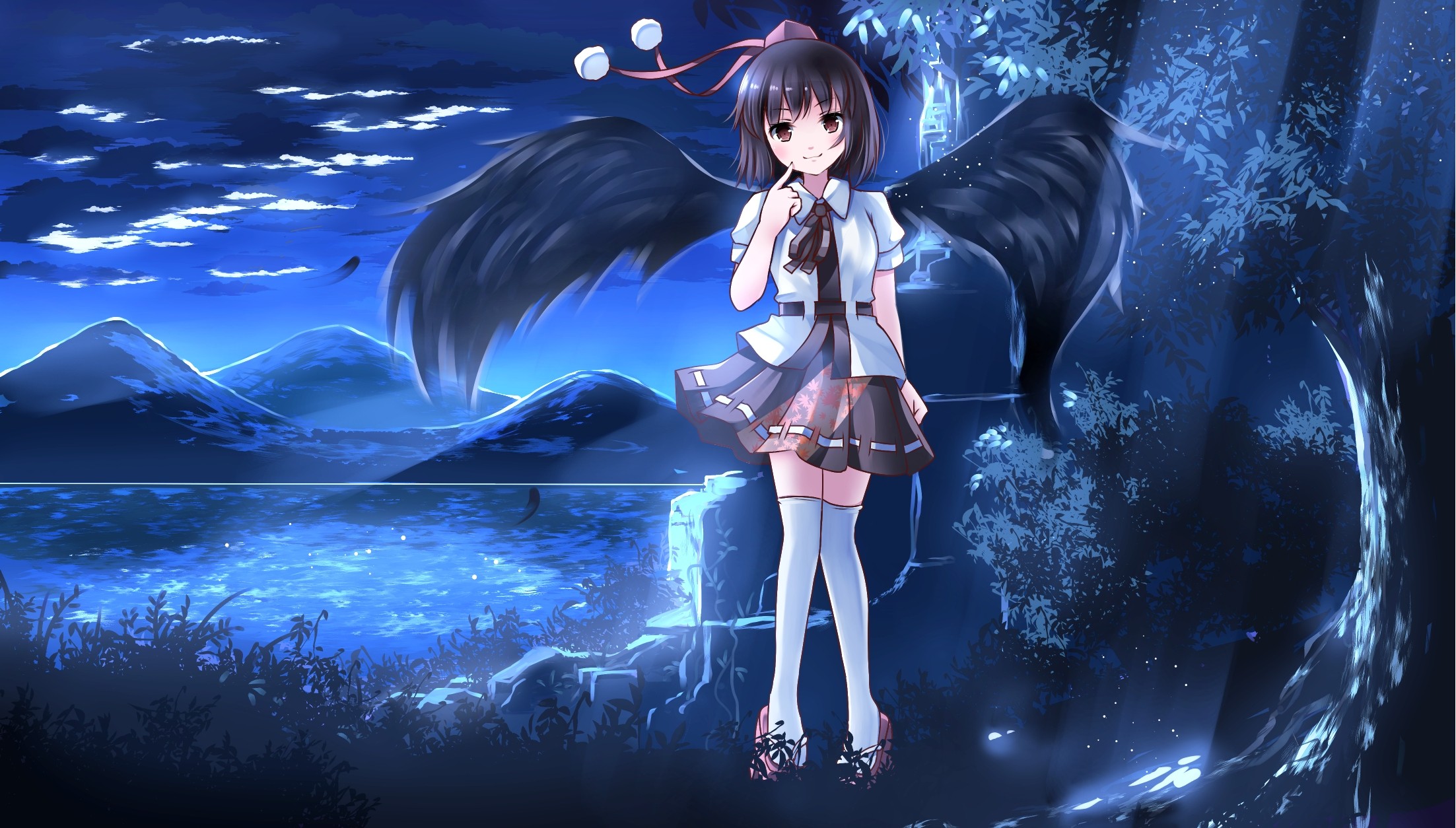 Anime Anime Girls Touhou Shameimaru Aya Short Hair Wings Night Brown Eyes 2205x1254