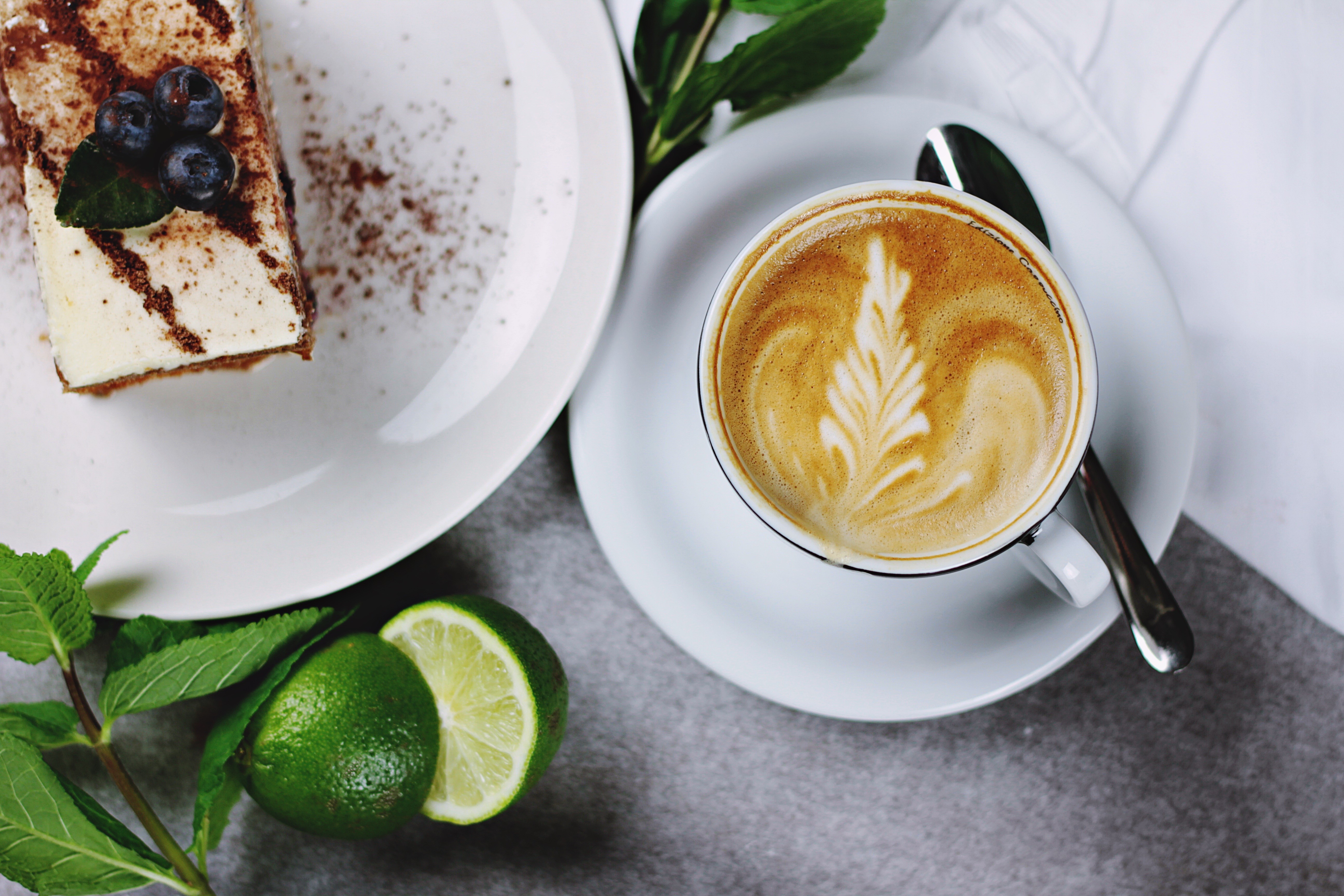 Coffee Fruit Cup Spoons Cake Lime Blueberries Food 5184x3456