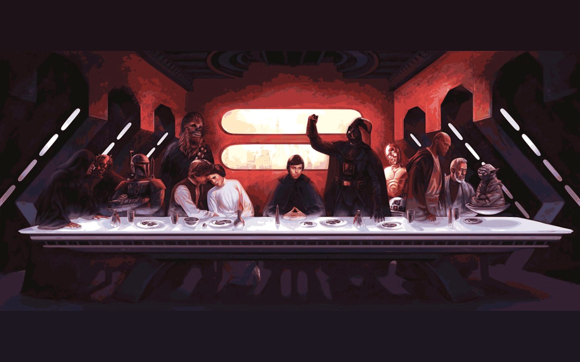 Star Wars The Last Supper Darth Vader Yoda Darth Maul Boba Fett Chewbacca Han Solo Mix Up 1920x1200