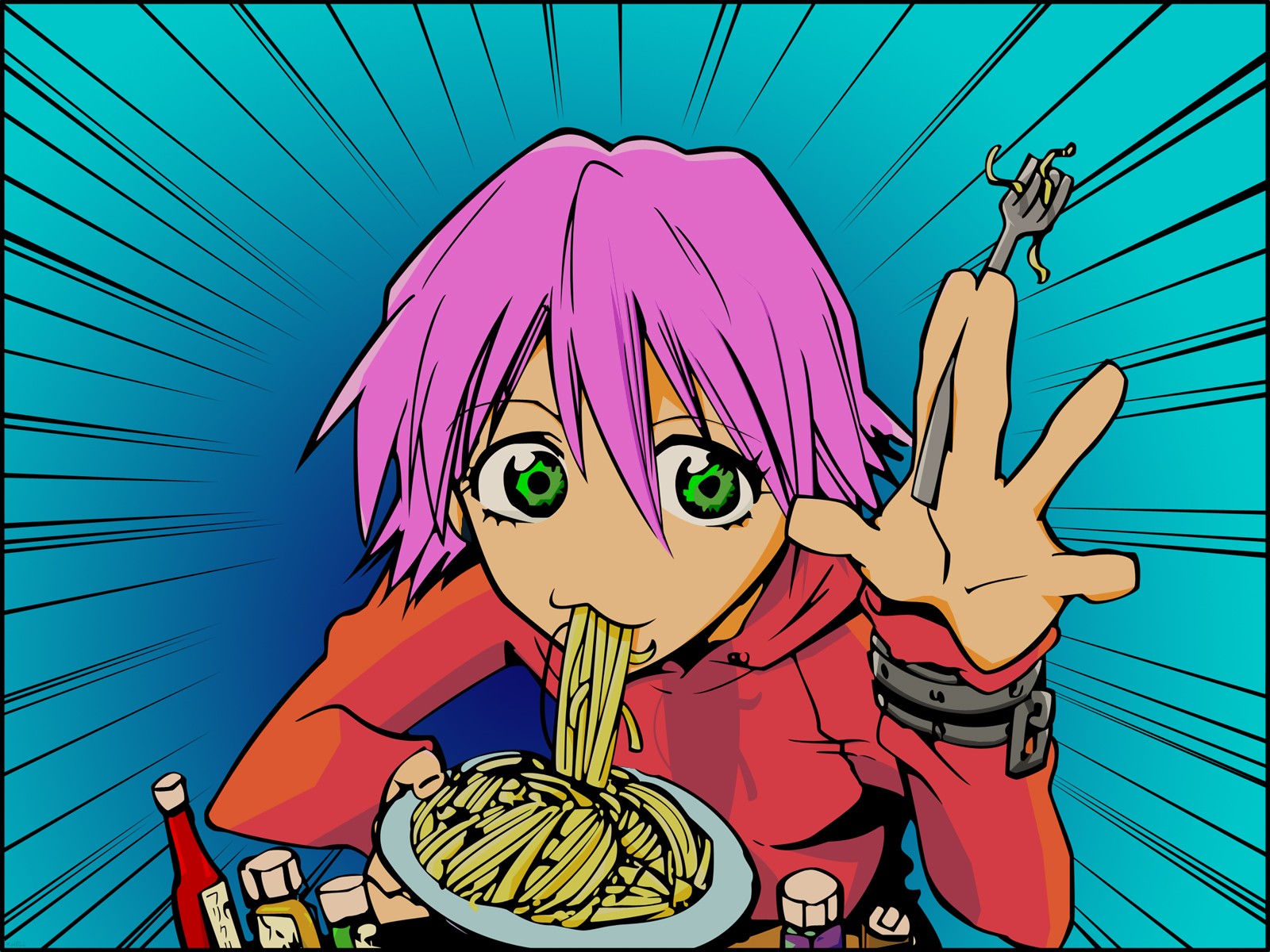 Anime FLCL Noodles Food Pink Hair Green Eyes Fork 1600x1200