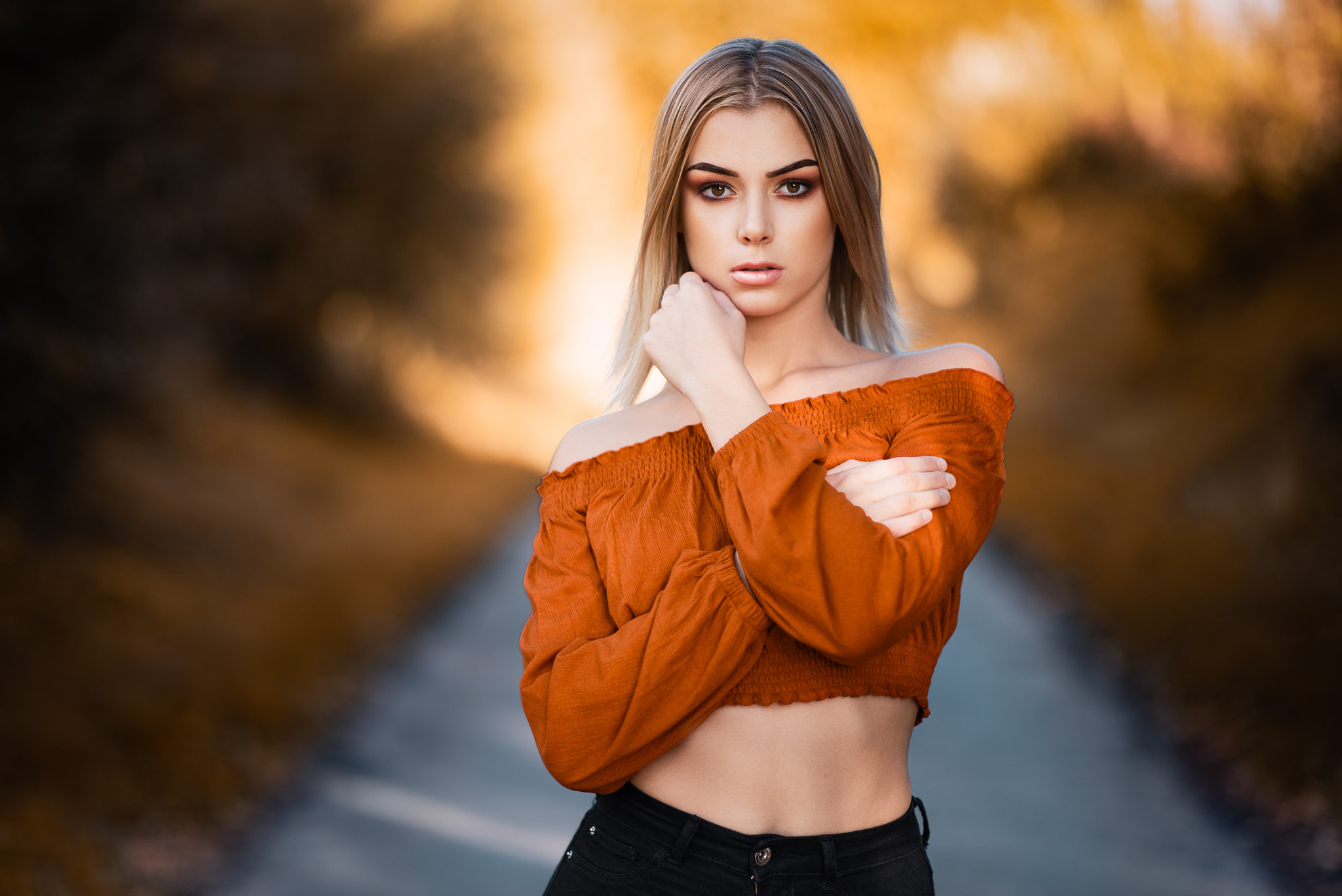 Women Blonde Portrait Arms Crossed Women Outdoors Bare Shoulders Smoky Eyes Orange Tops Strapless Dr 2048x1367