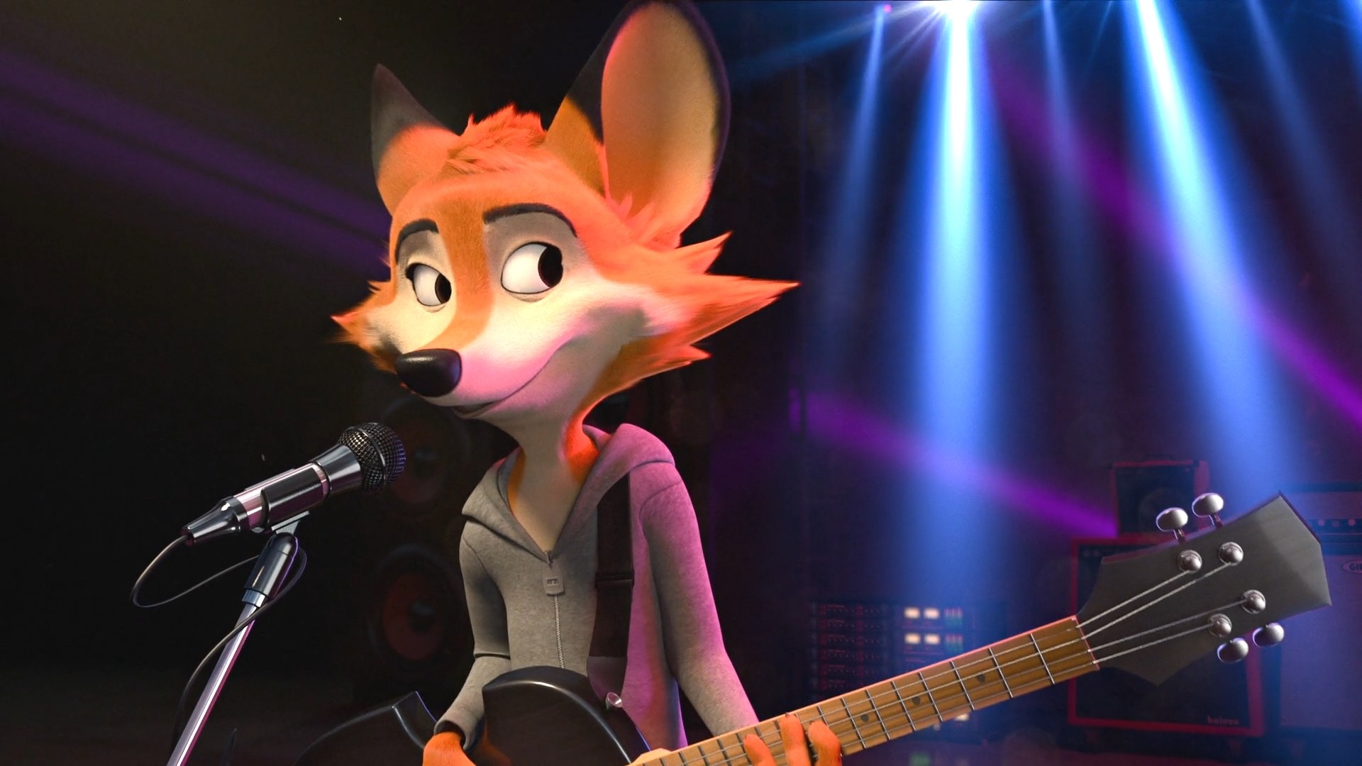 Rock Dog Screen Shot Screengrab Fox Animals Anthro Microphone Guitar Movies 3D Cartoon Clothing Hood 1920x1080