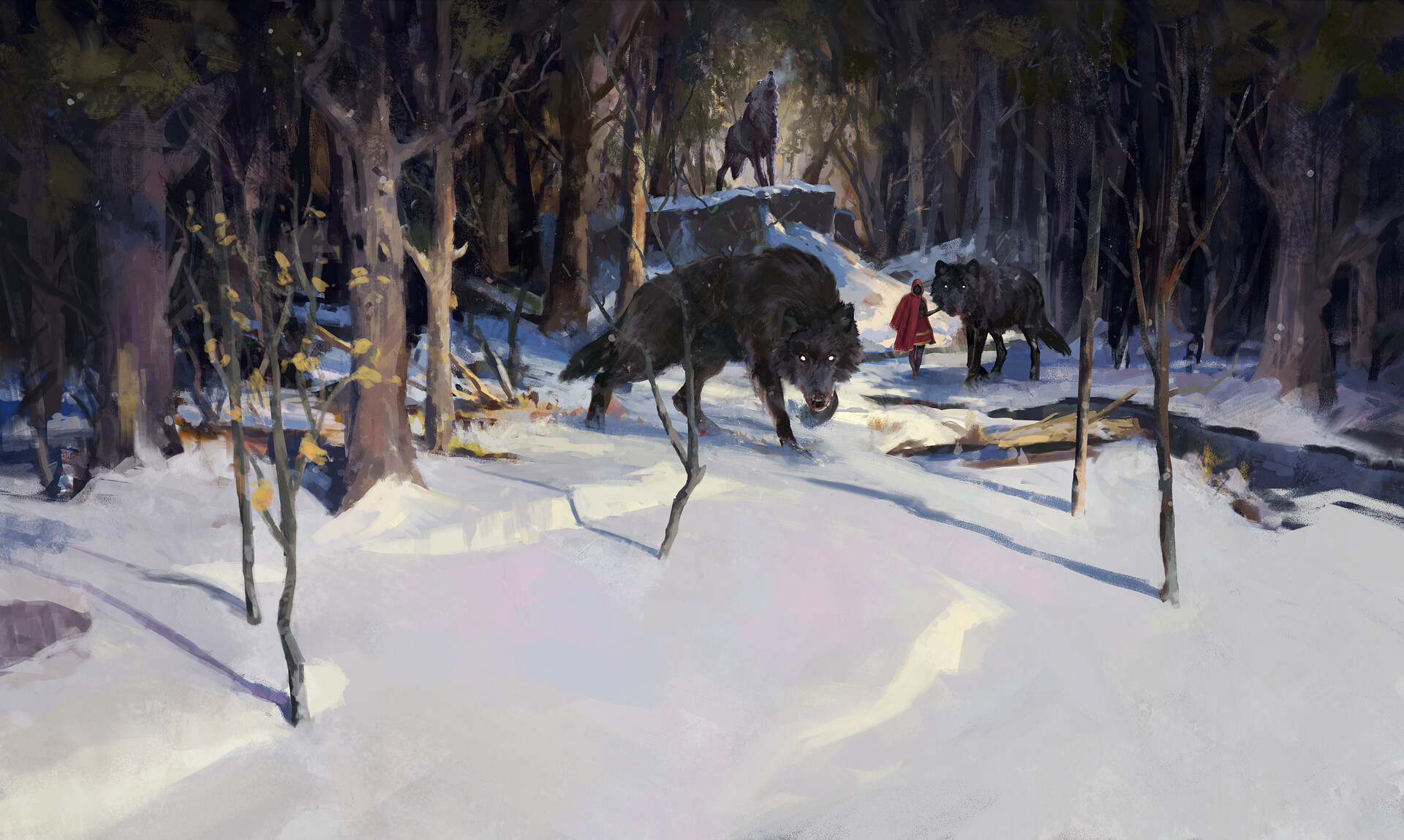 Little Red Riding Hood Snow Wolf Forest Trees Cape Fairy Tale Environment Red Digital Art 1920x1149