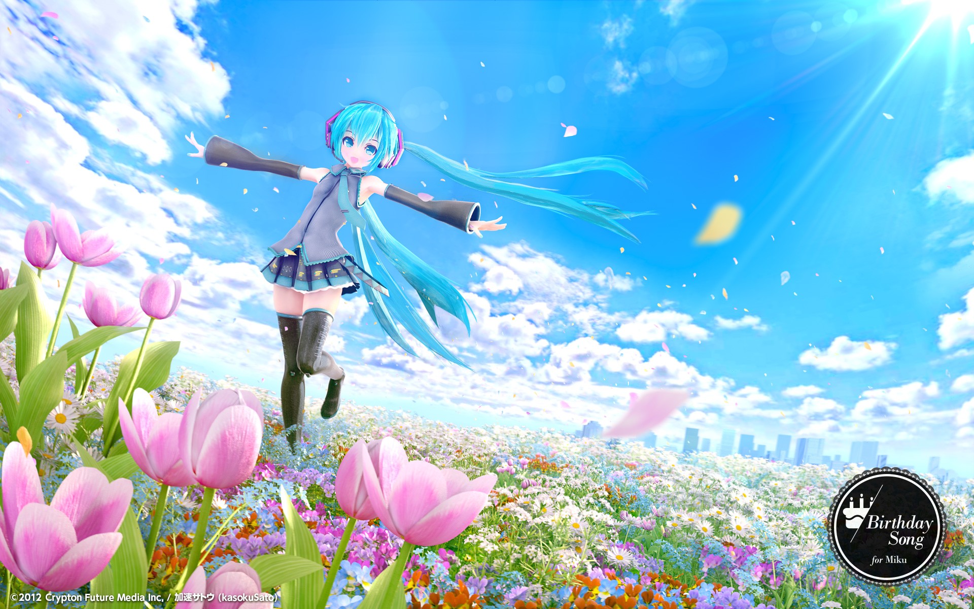 Hatsune Miku Vocaloid Anime Girls Anime 2012 Year Flowers Plants Colorful Blue Hair 1920x1200