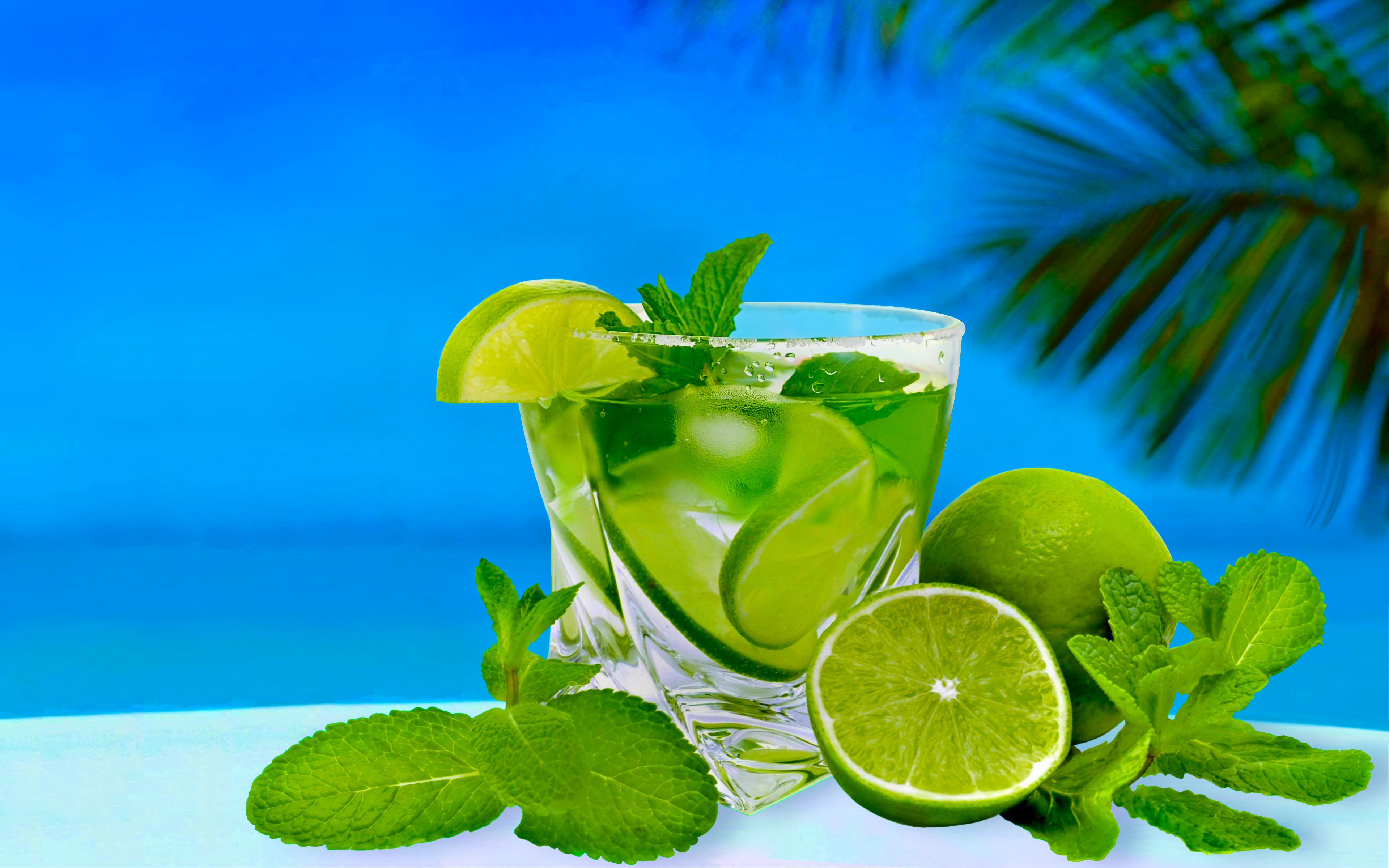 Drink Cocktail Mojito Blue Green Summer Sunny Glass Tropical Lemon Lime 3840x2400
