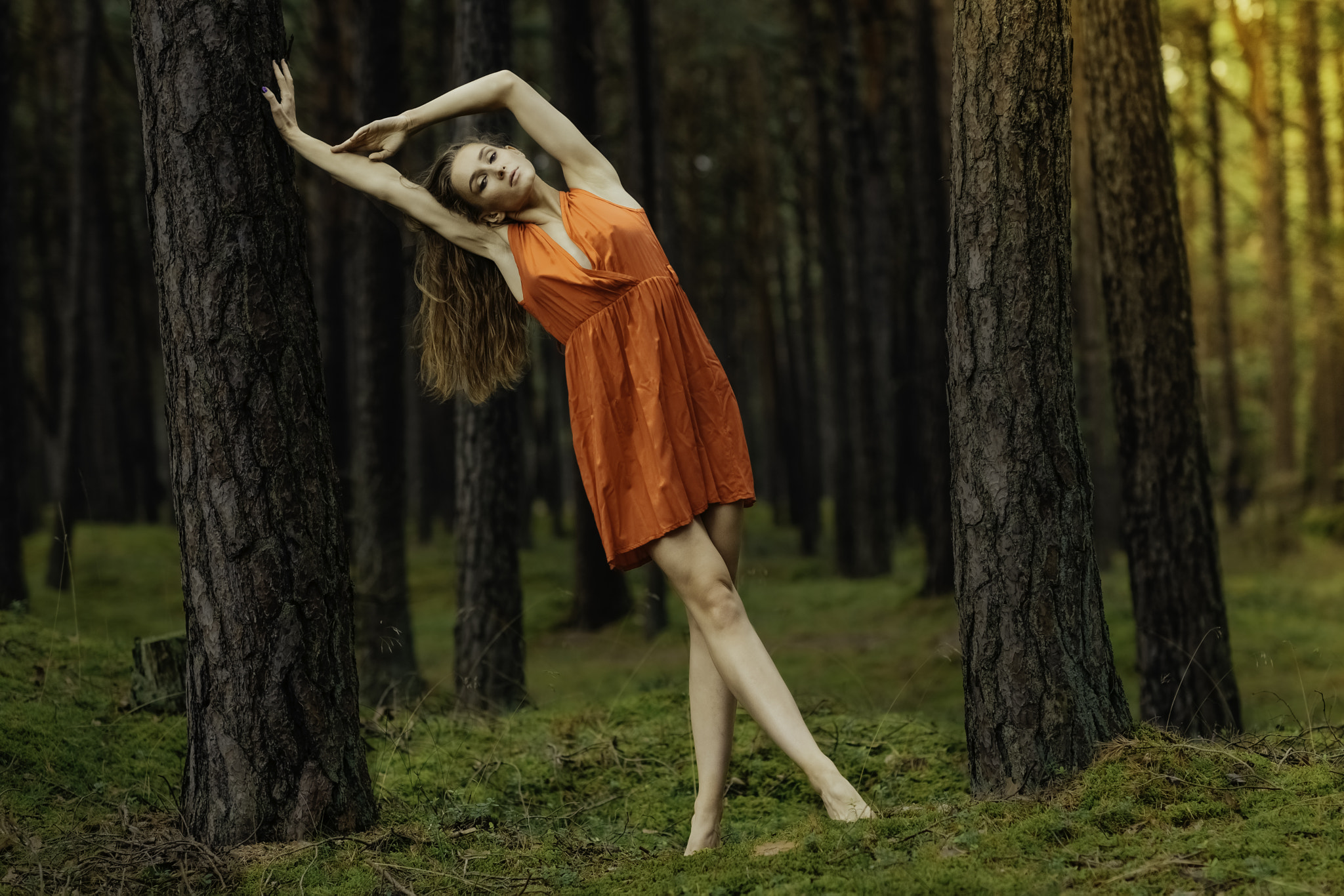 Women Brunette Red Dress Arms Up Barefoot Forest Chris Bos Tiptoe Satin 2048x1366