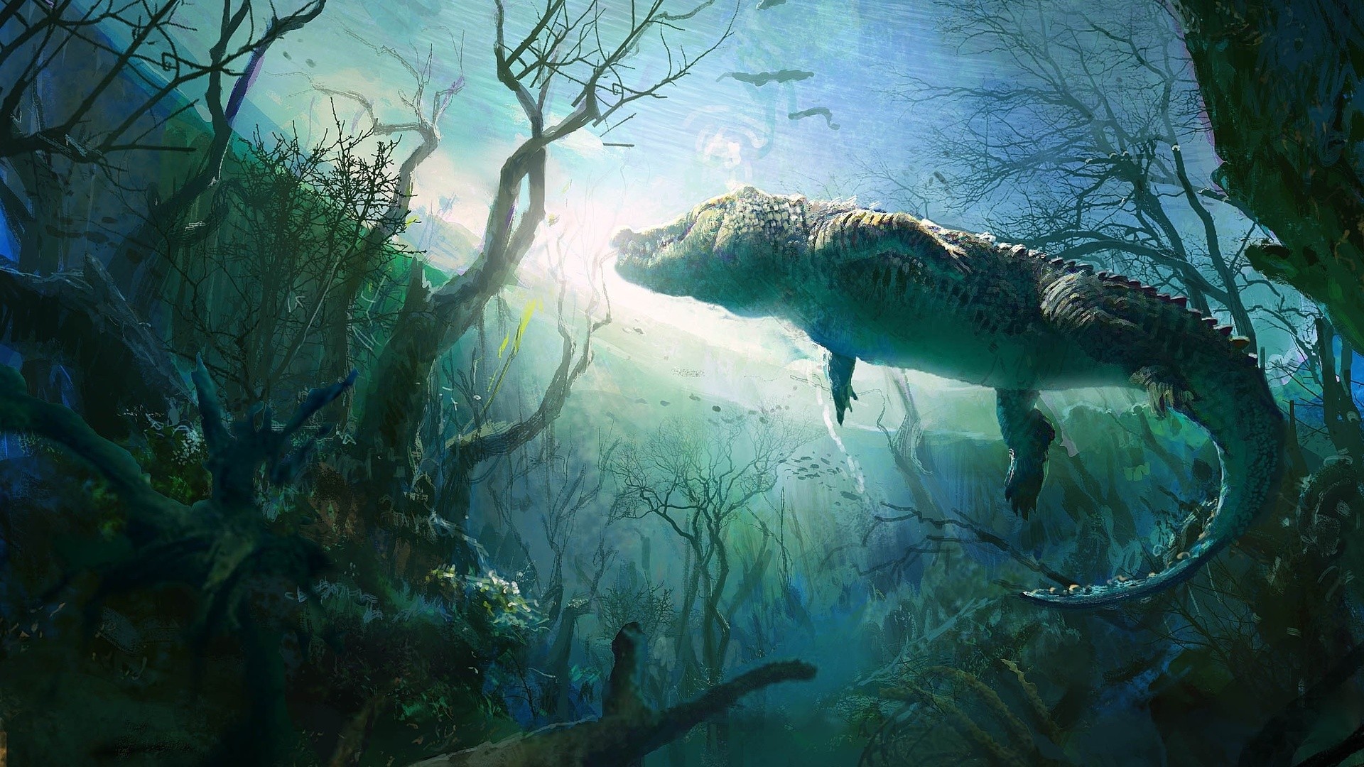 Nature Animals Digital Art Underwater Crocodiles Plants Branch Painting UFO 1920x1080
