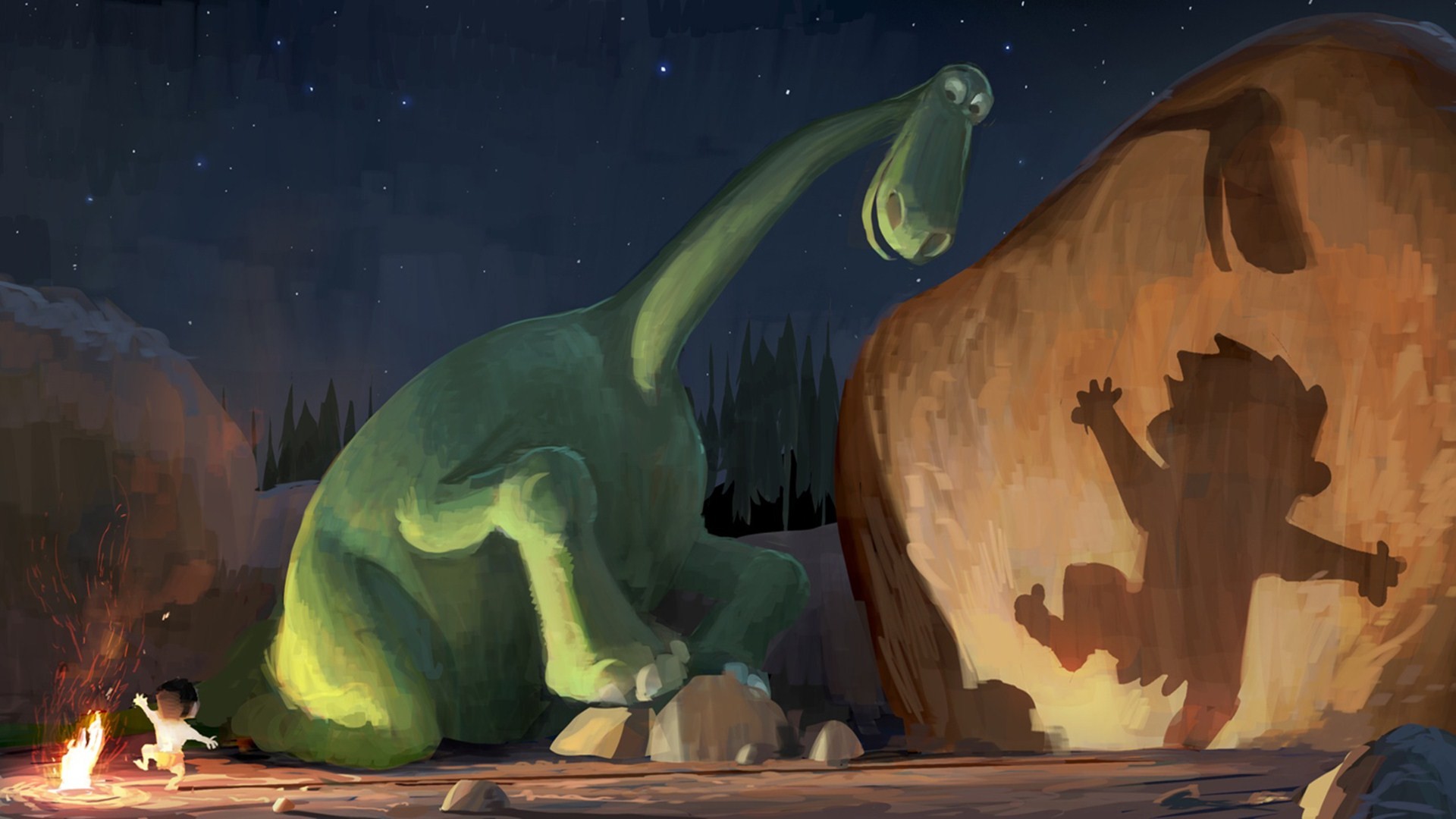 Digital Art Animals Nature Pixar Animation Studios Dinosaurs The Good Dinosaur Stones Night Fire Sha 1920x1080