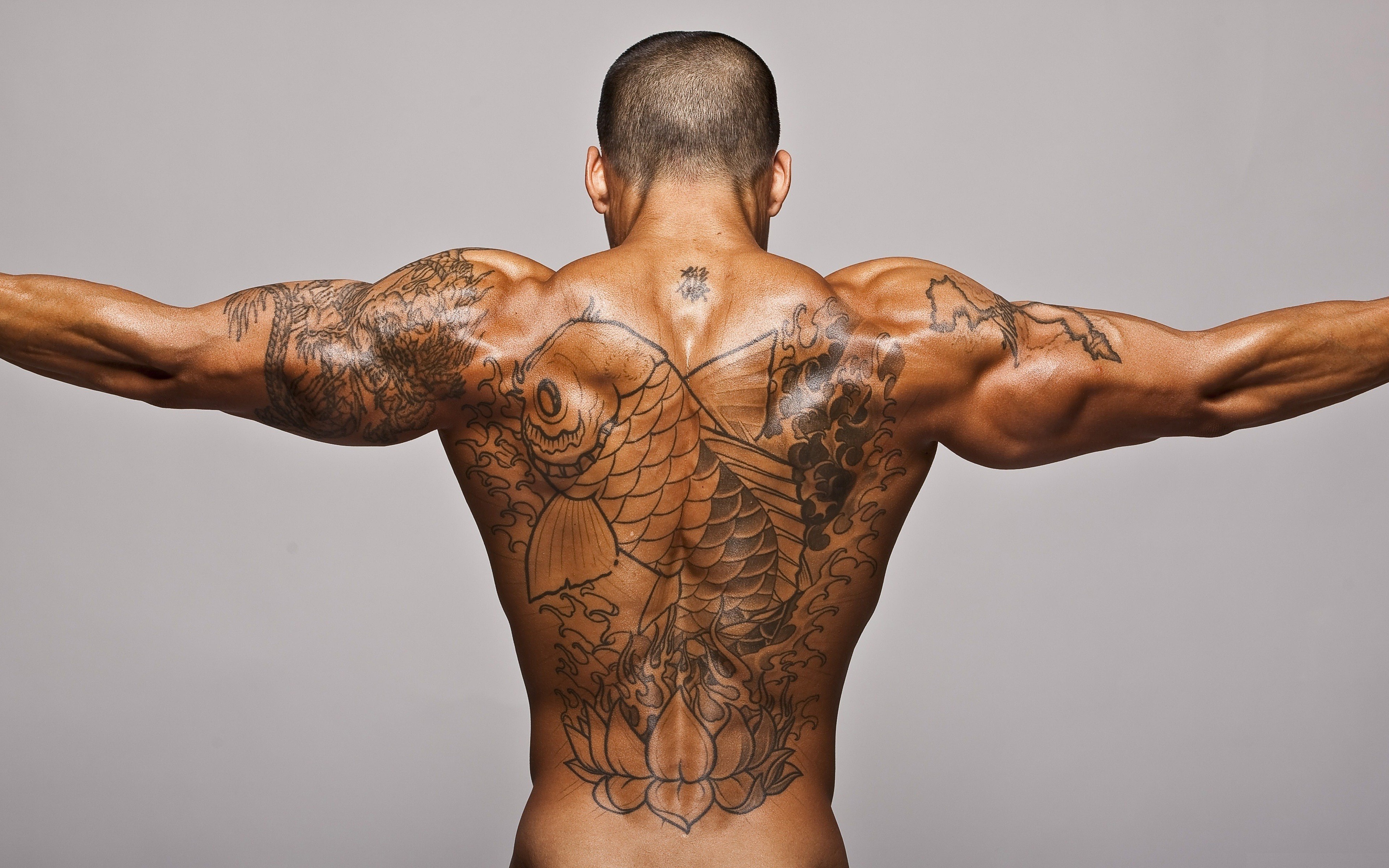 Men Tattoo Muscles Gray Background Bodybuilder 3840x2400