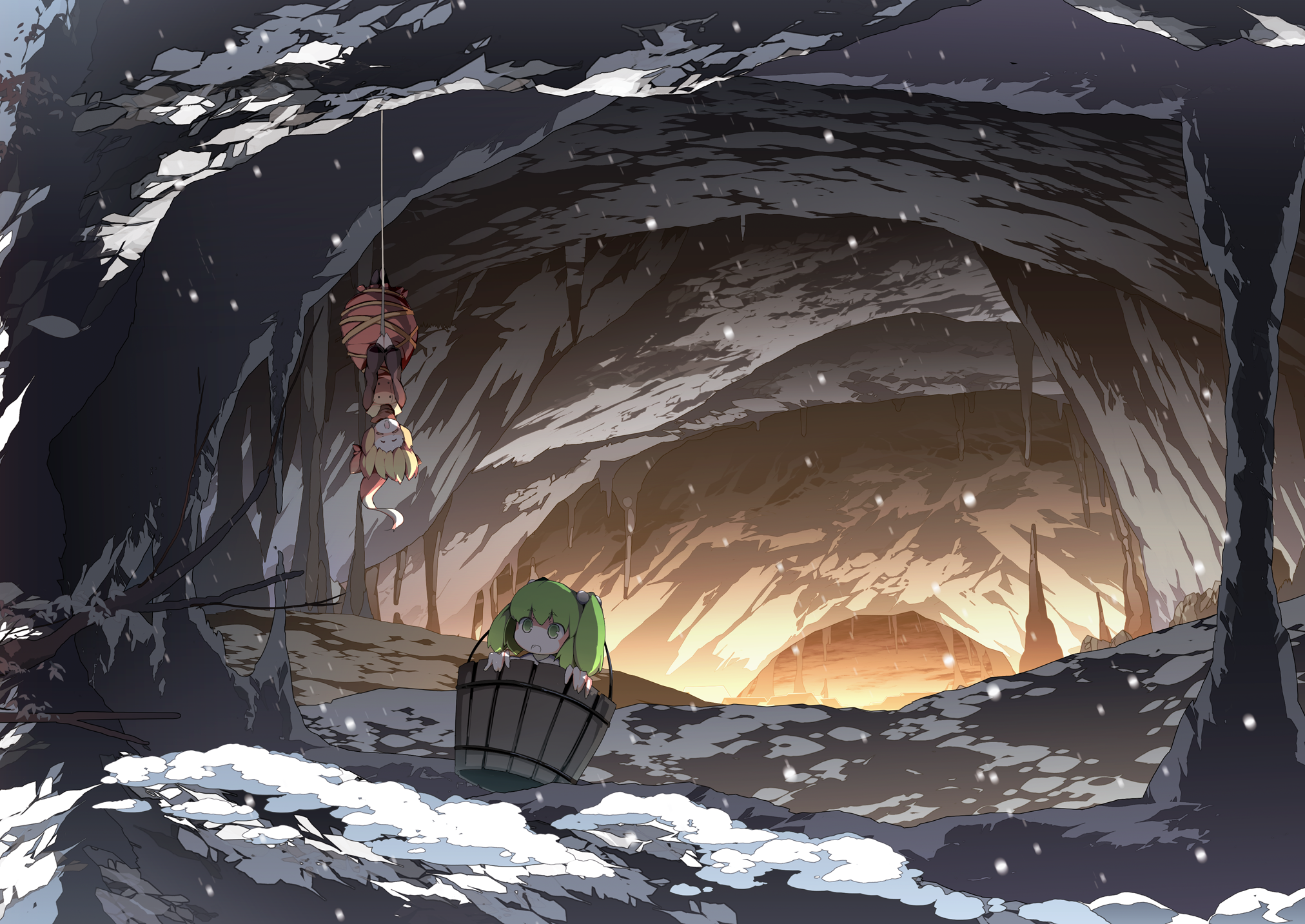 Asakura Masatoki Touhou Anime Girls Kurodani Yamame Nature Cave Snow Ropes Bucket Green Hair Blonde  2024x1433