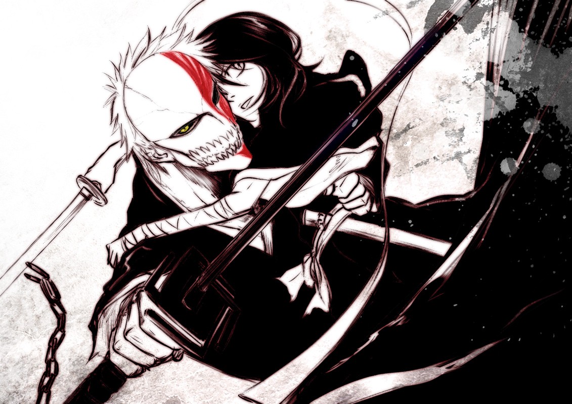 Bleach Sword Kurosaki Ichigo Kuchiki Rukia Hollow Sketches Paint Splatter Anime 1131x800