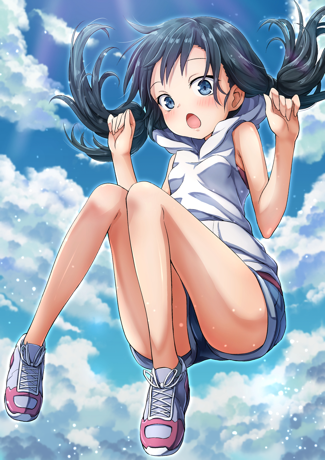 Anime Anime Girls Weathering With You Bare Arms Bare Shoulders Black Hair Blue Eyes Blue Shorts Clou 1360x1920