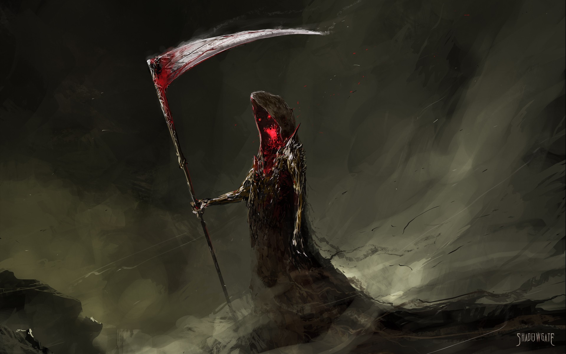 Death Grim Reaper Digital Art Sickle Fantasy Art Drawing Red Eyes Scythe Dark Painting Creature 1920x1200