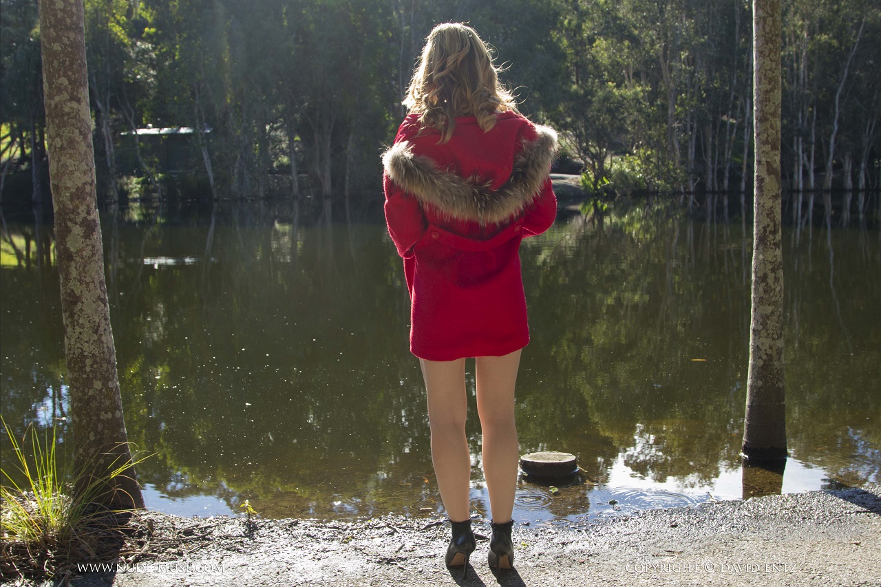 Blonde Model Women Water Red Coat Coats Rear View Pond Red Clothing Curly Hair 1280x853