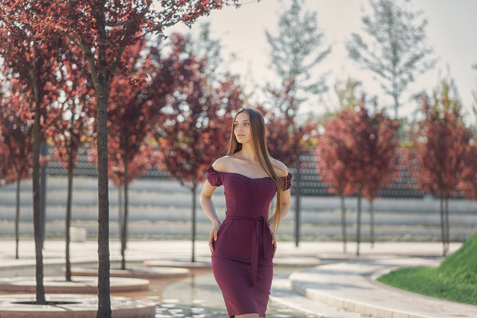 Women Model Brunette Long Hair Women Outdoors Park Purple Dresses Trees Bare Shoulders Fall Hands On 2000x1335