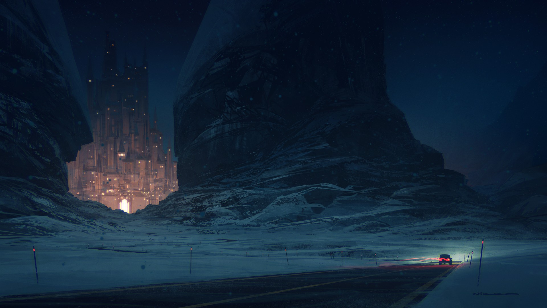 Nikolai Lockertsen Artwork Digital Art Car Castle Snow Mountains 1920x1080