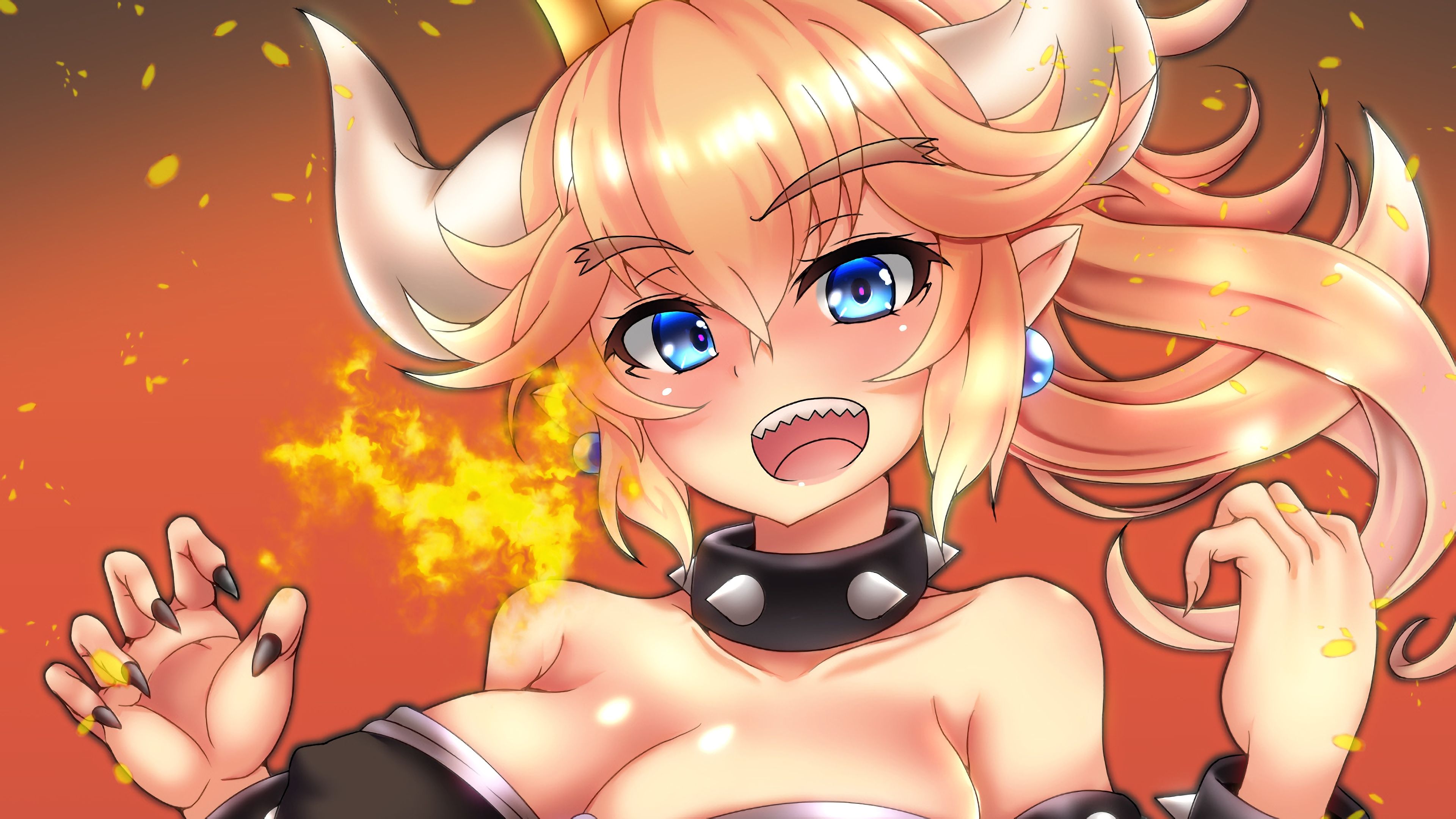 Bowsette Anime Horns Blue Eyes Anime Girls Open Mouth 3840x2160