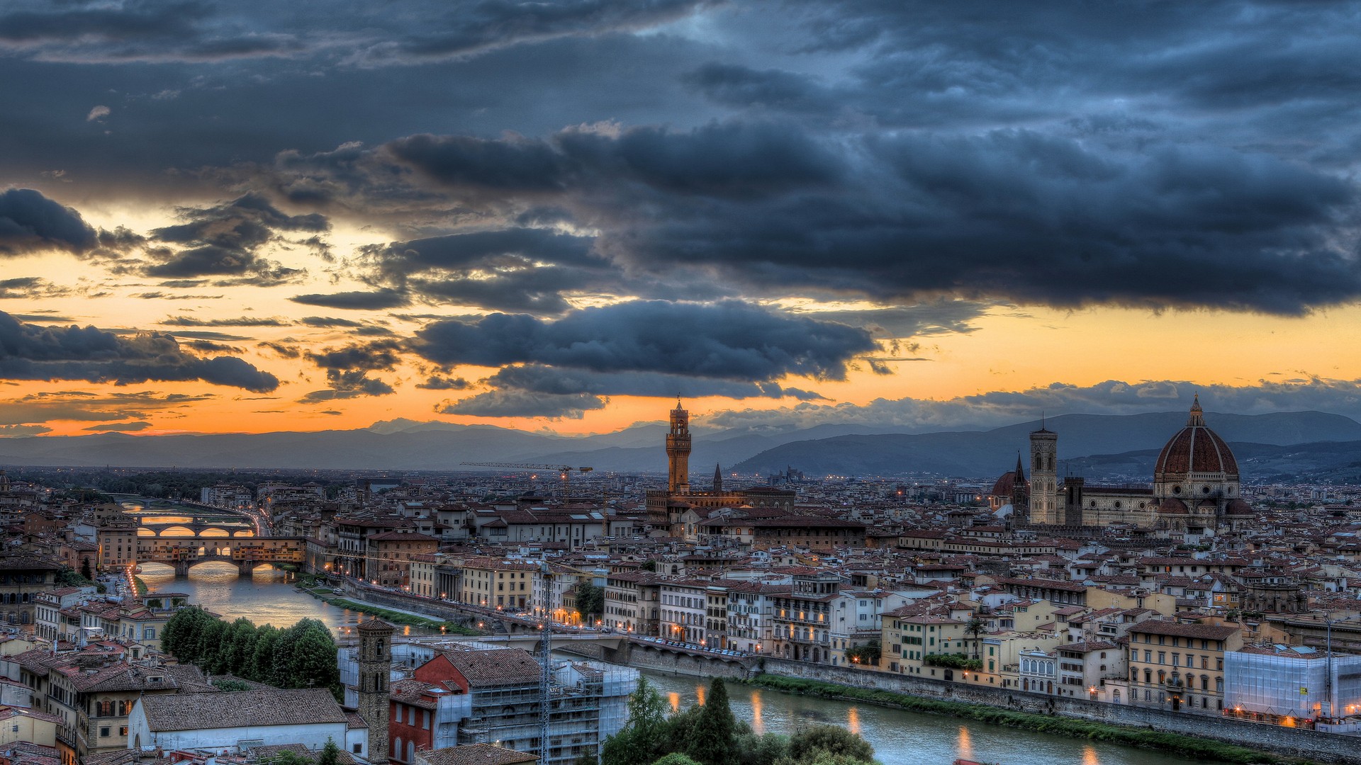 Florence Italy City Cityscape Architecture Gothic Architecture River Sunset Clouds 1920x1080