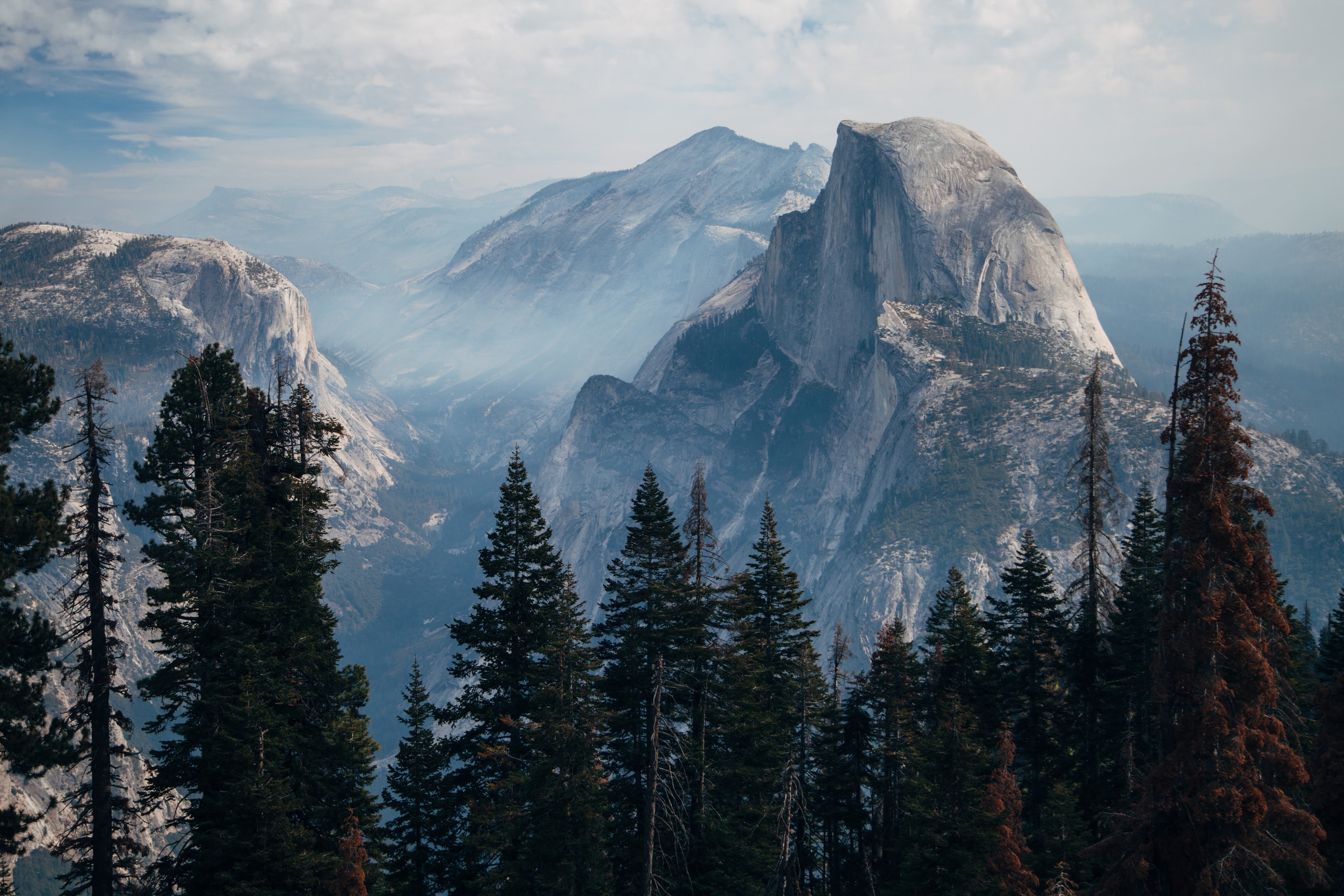 USA Peak Trees Clouds Mountains Mist Rocks Yosemite National Park Yosemite Valley Nature Landscape H 3000x2000