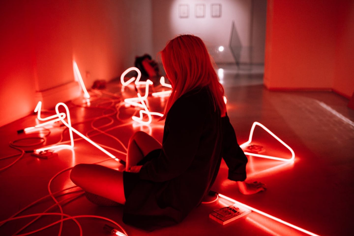 People Women Red Sitting On The Floor Women Indoors LEDs Room Neon Lights 1440x960
