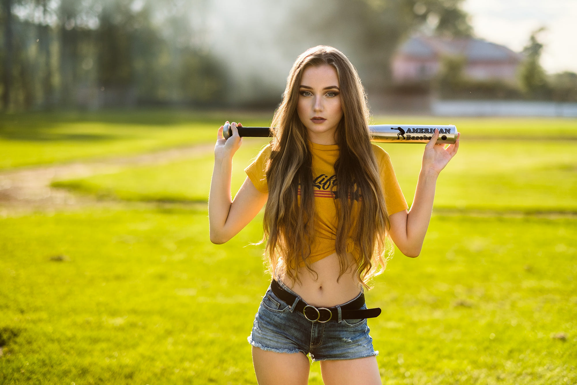 Women Yellow T Shirt Grass Long Hair Belt Women Outdoors Baseball Bat 2000x1333