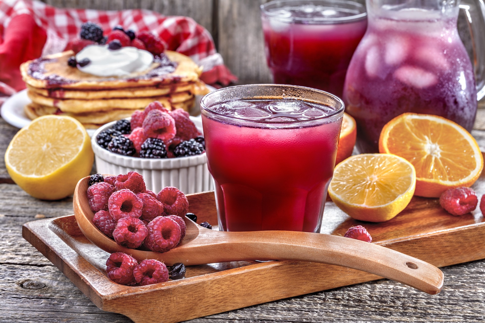 Fruit Food Lemons Raspberries Pancakes Blackberries Red 1920x1280