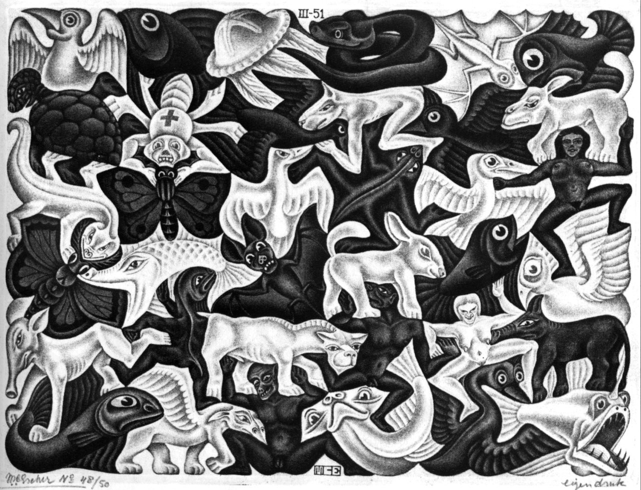 Artwork Optical Illusion Drawing M C Escher Monochrome Animals Birds Fish Illustration Snake Bats Tu 1281x980
