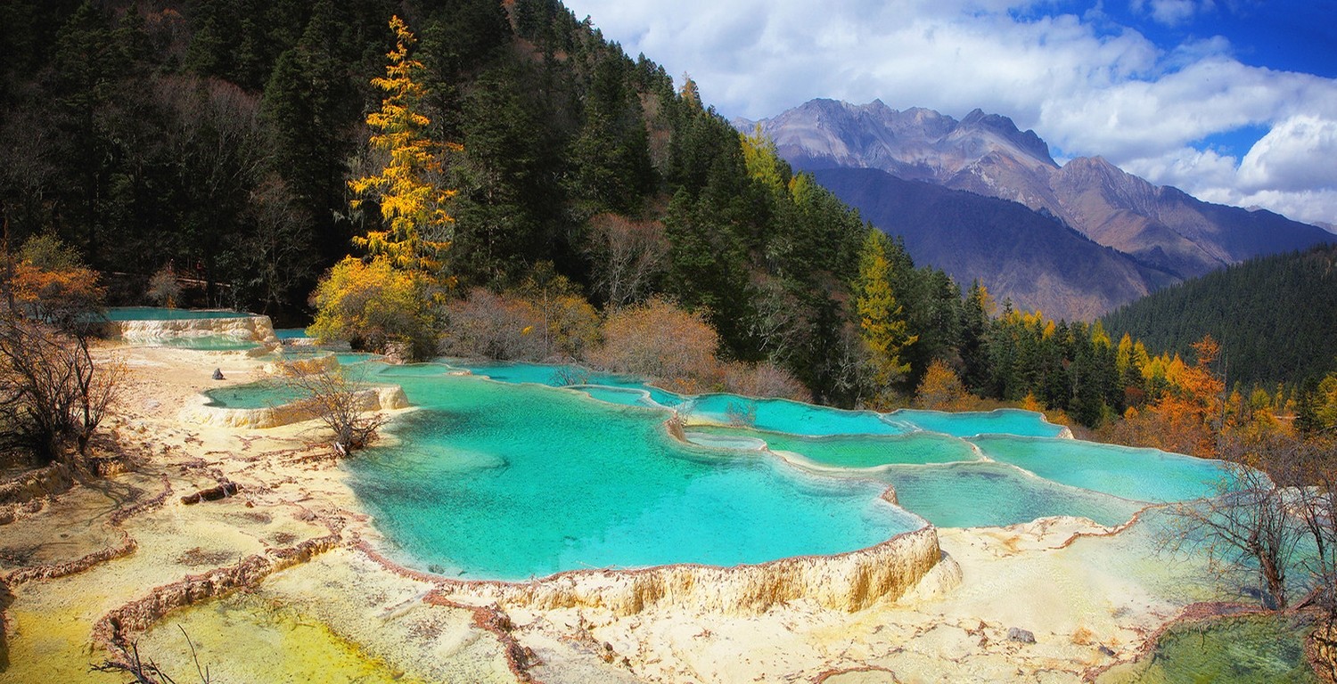 Nature Landscape Terraces Pond Mountains Forest China Fall Trees Clouds Water Turquoise 1500x768