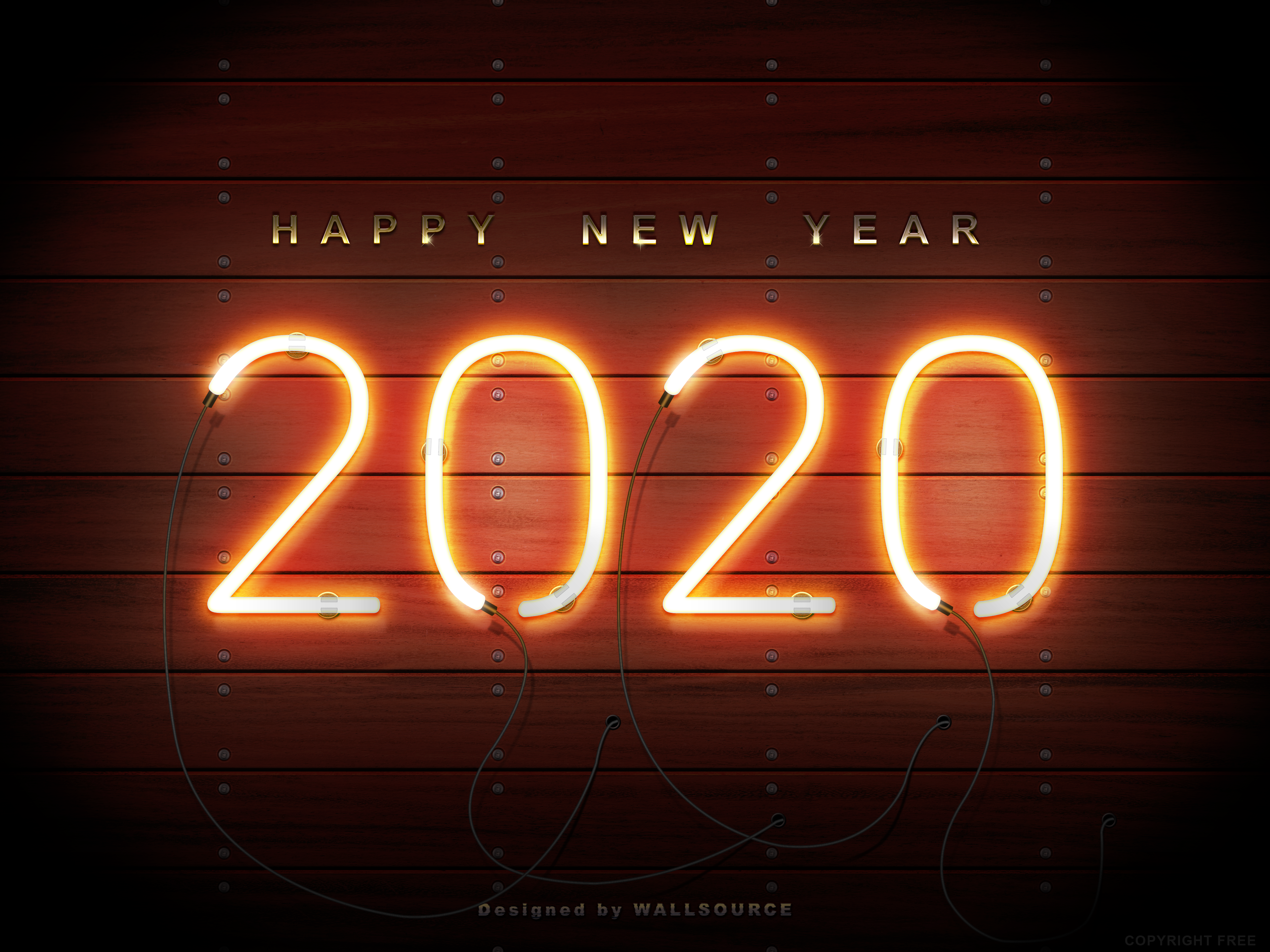 Happy New Year Neon Wood Cable Screw Lights 3840x2880
