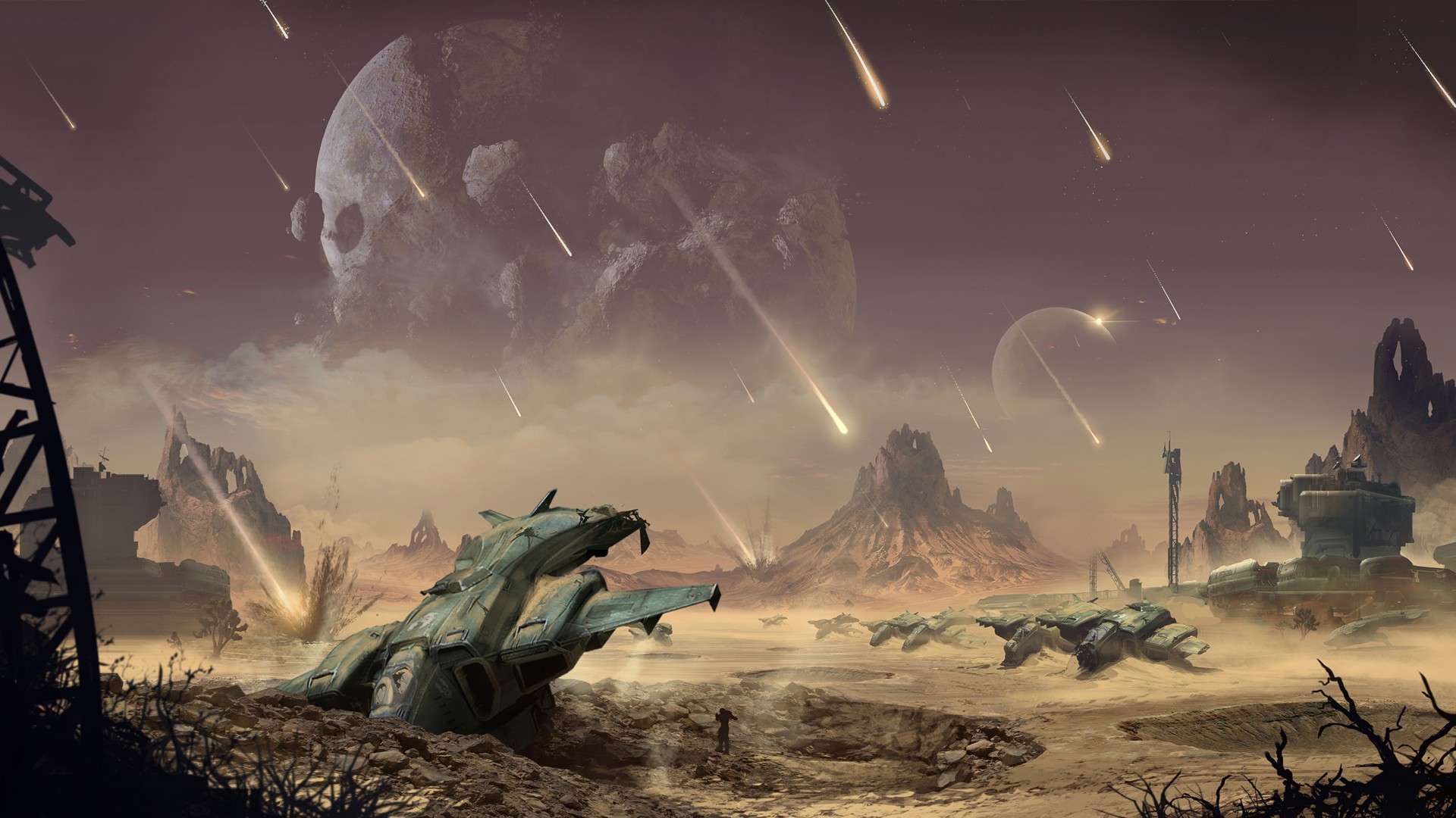 Video Games Game Art Halo Science Fiction Pelican Halo Desert Planet Destroyed Ruins Meteorite Lands 1920x1080