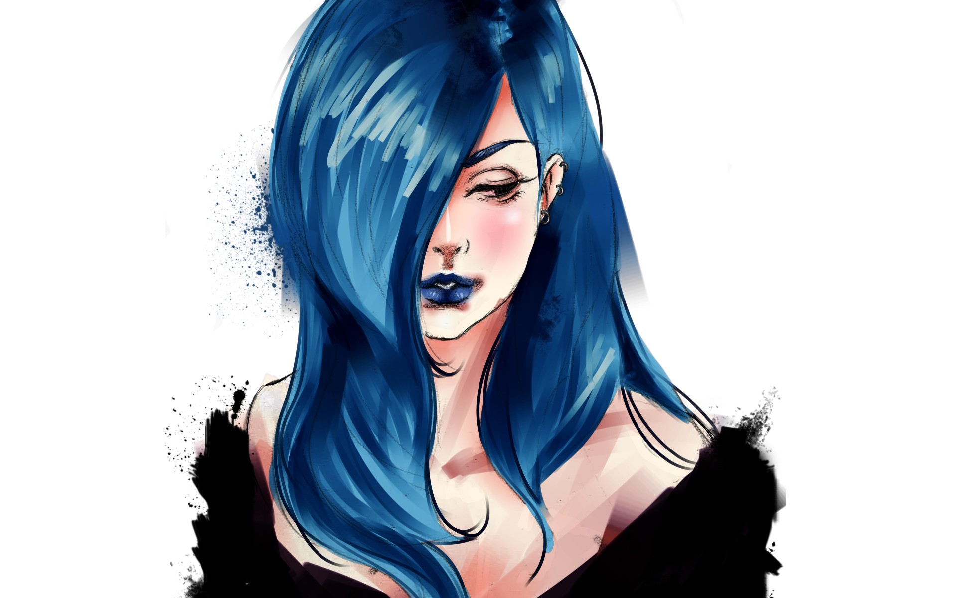 Artwork Women Lipstick Face Blue Lipstick Blue Hair Simple Background Long Hair 1920x1200