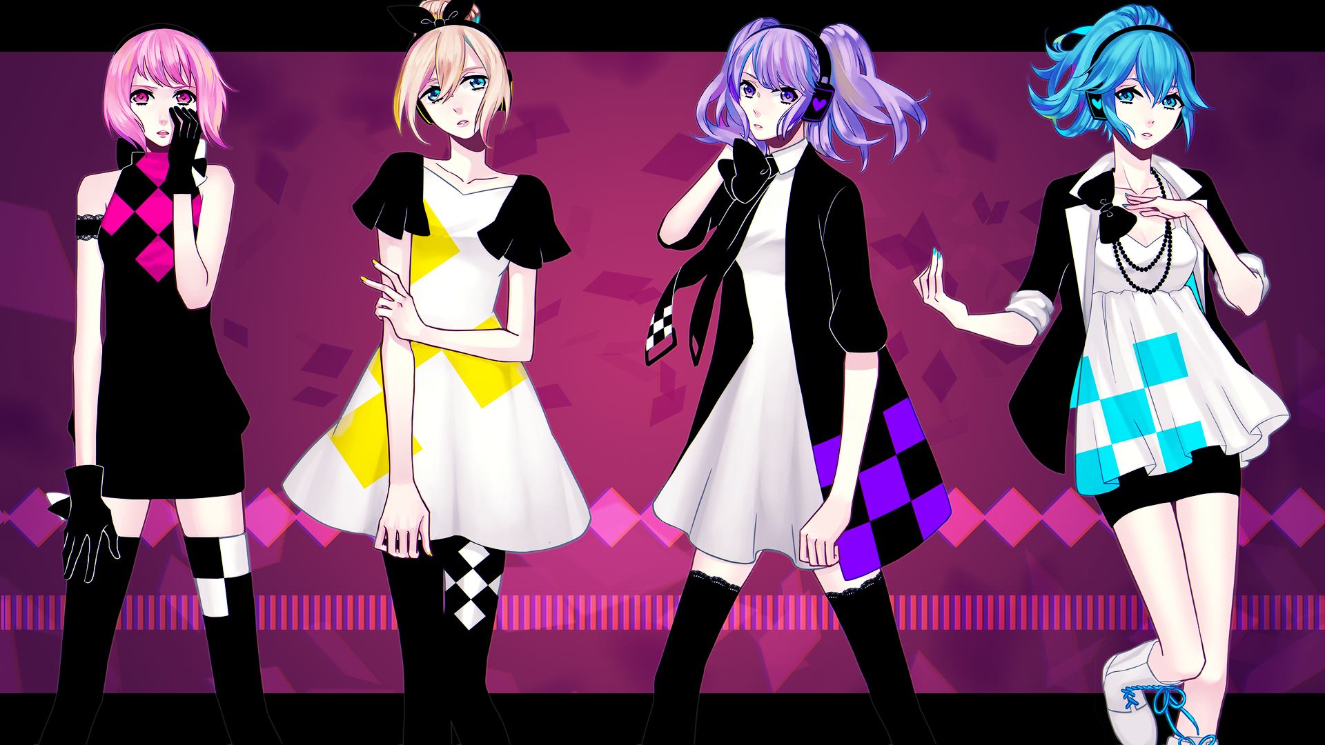 Vocaloid Song Anime Girls Anime Pink Hair Blonde Purple Hair Dress Cyan Hair Purple Background 1920x1080