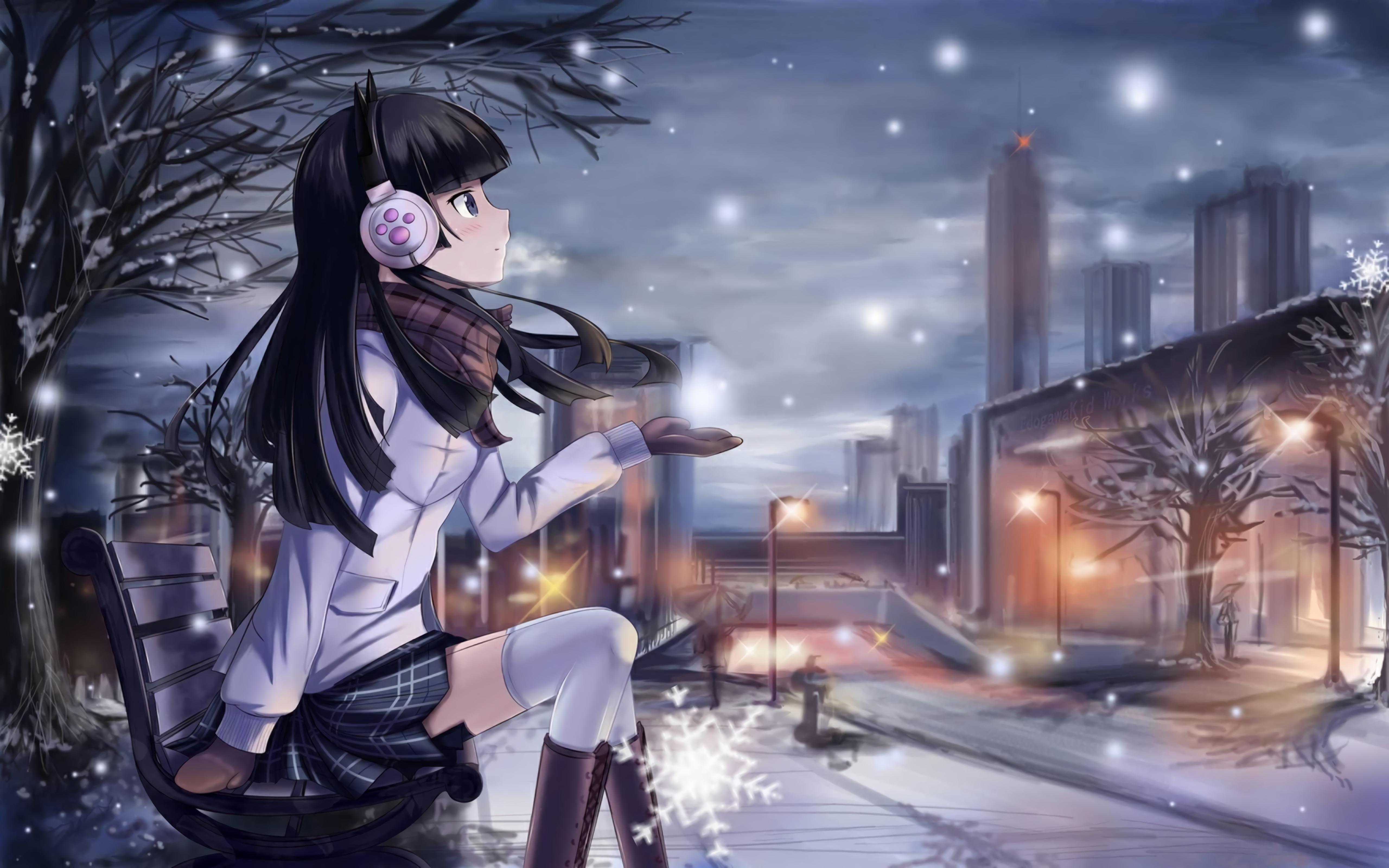 Anime Anime Girls Winter Snow Street Light Snowflake Bench Knee High Boots Skirt Ear Muffs City Knee 5120x3200