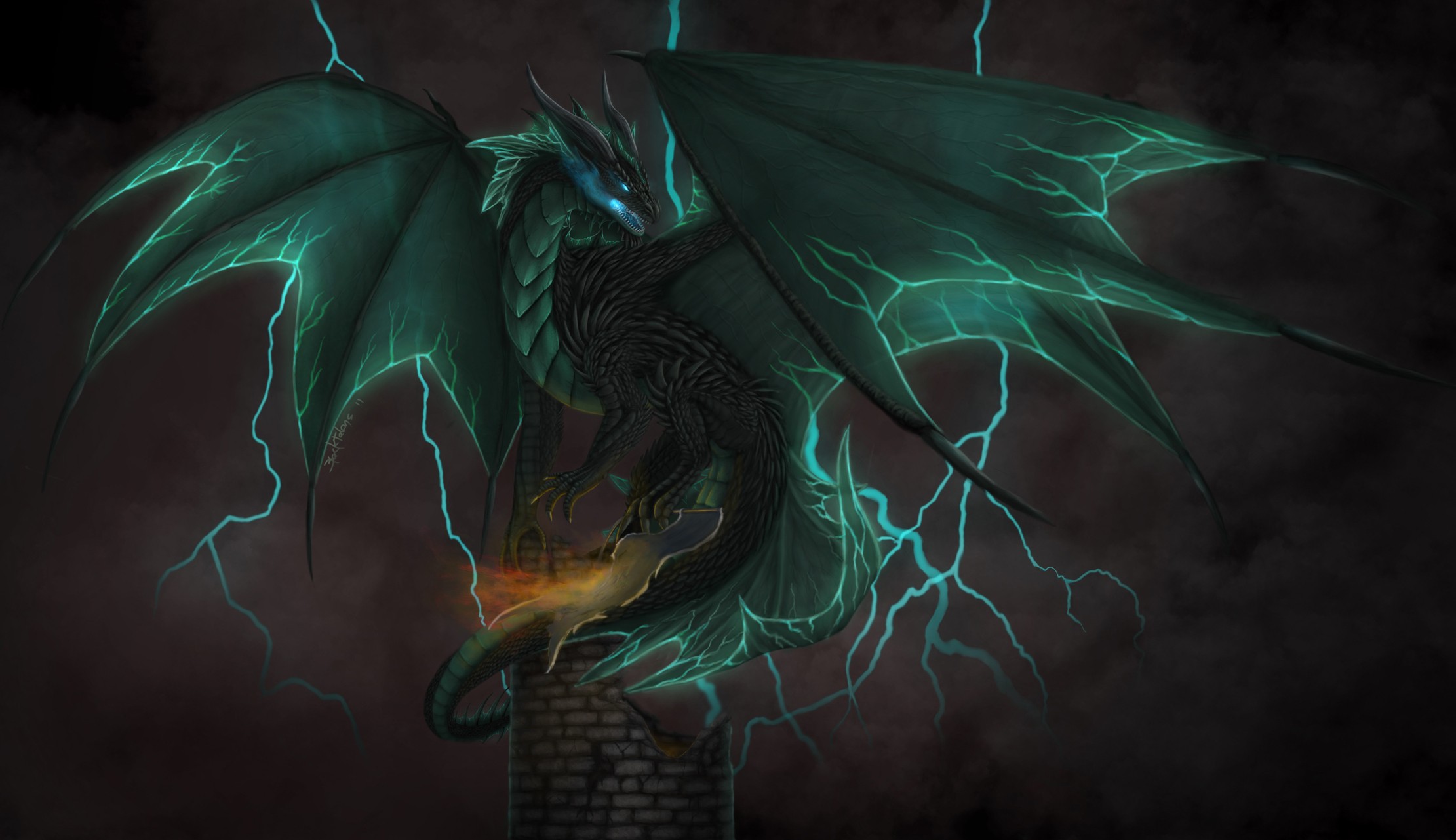 Digital Art Fantasy Art Dragon Wings Chimneys Lightning Clouds Dark 2221x1281