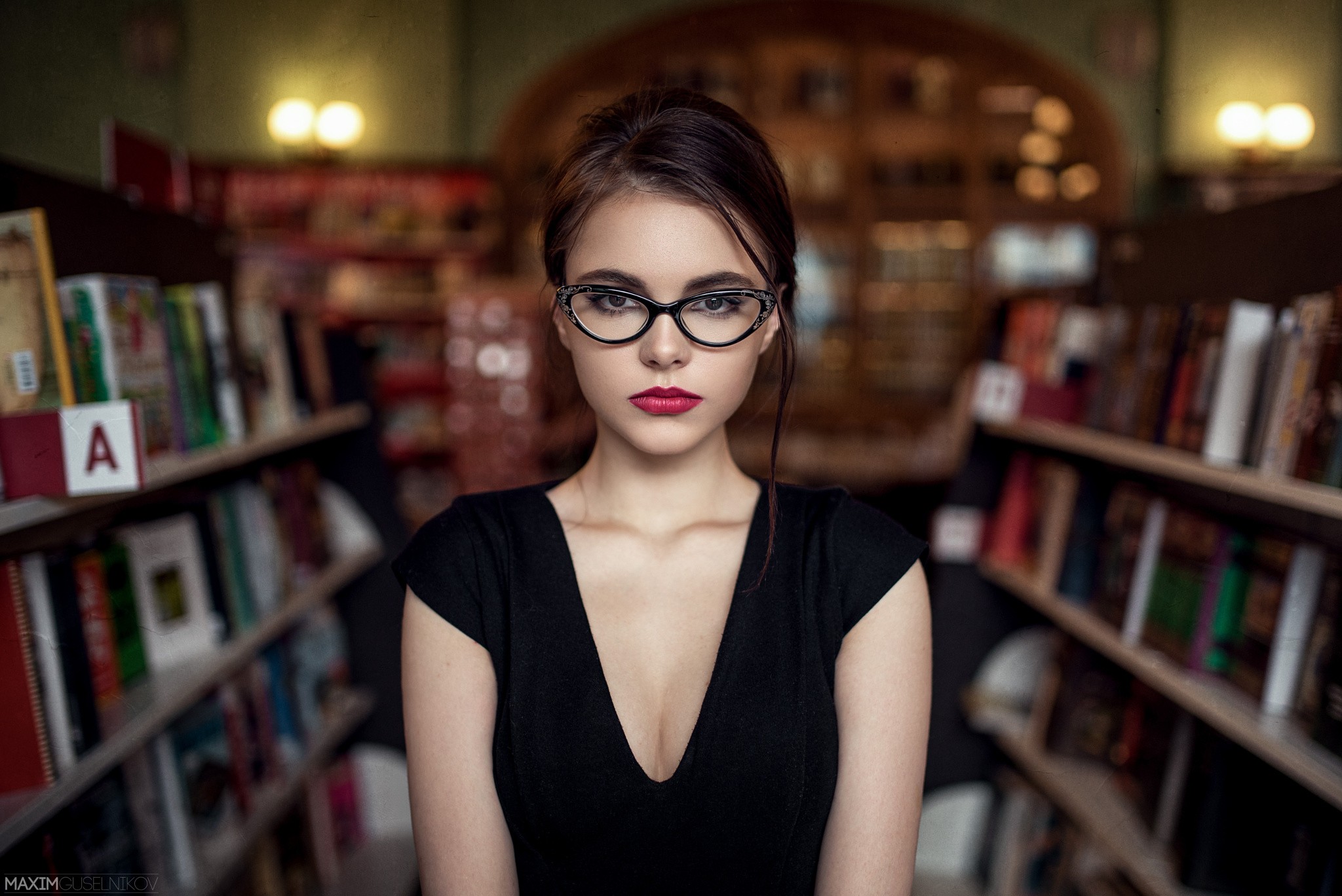 Women Model Brunette Brown Eyes Glasses Red Lipstick Library Portrait Maxim Guselnikov Oktyabrina Ma 2048x1368