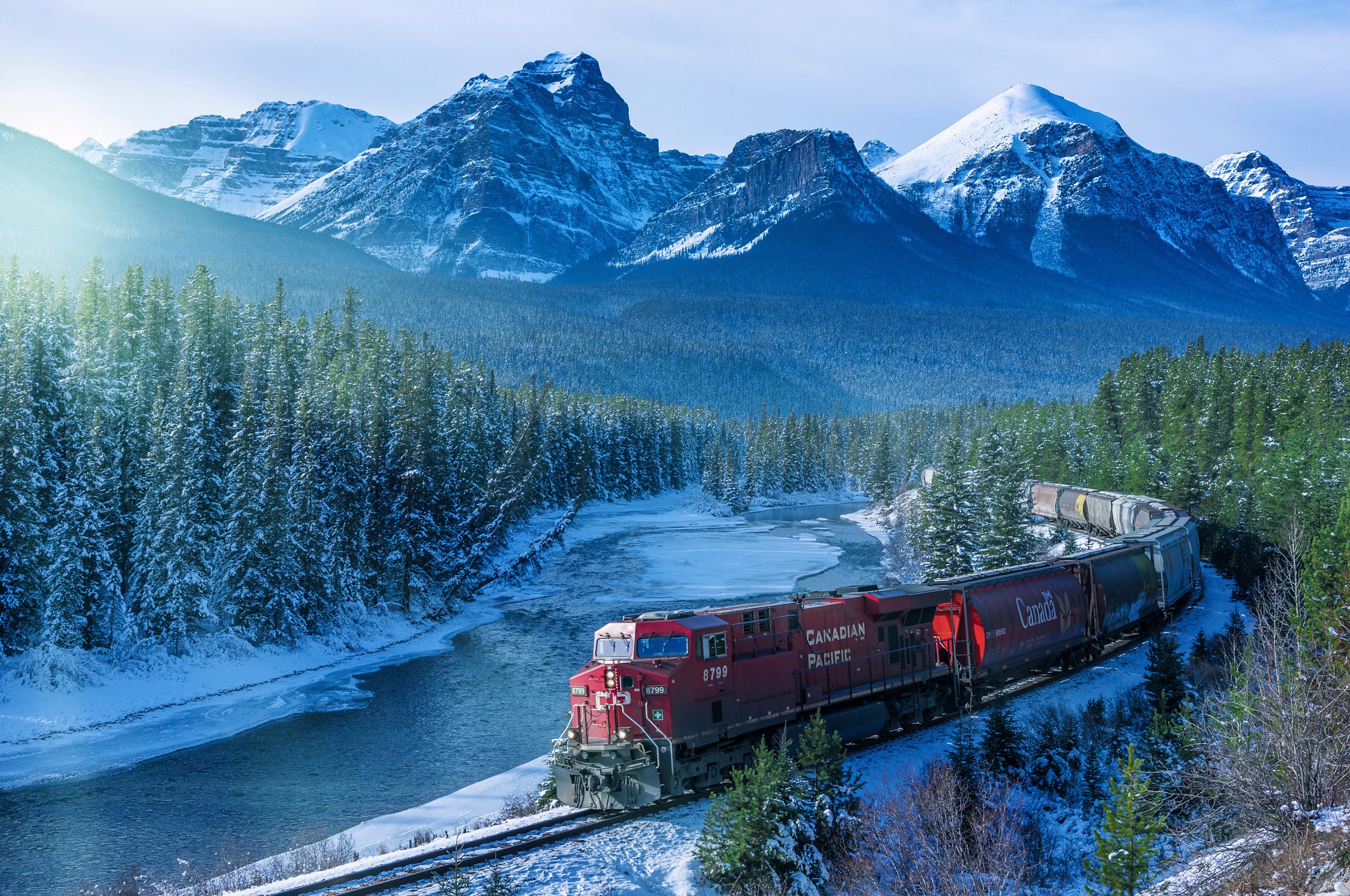 Train Canada Landscape Mountains Trees Snow Snowy Peak Forest Railway River Ice Rocky Mountains With 2048x1360
