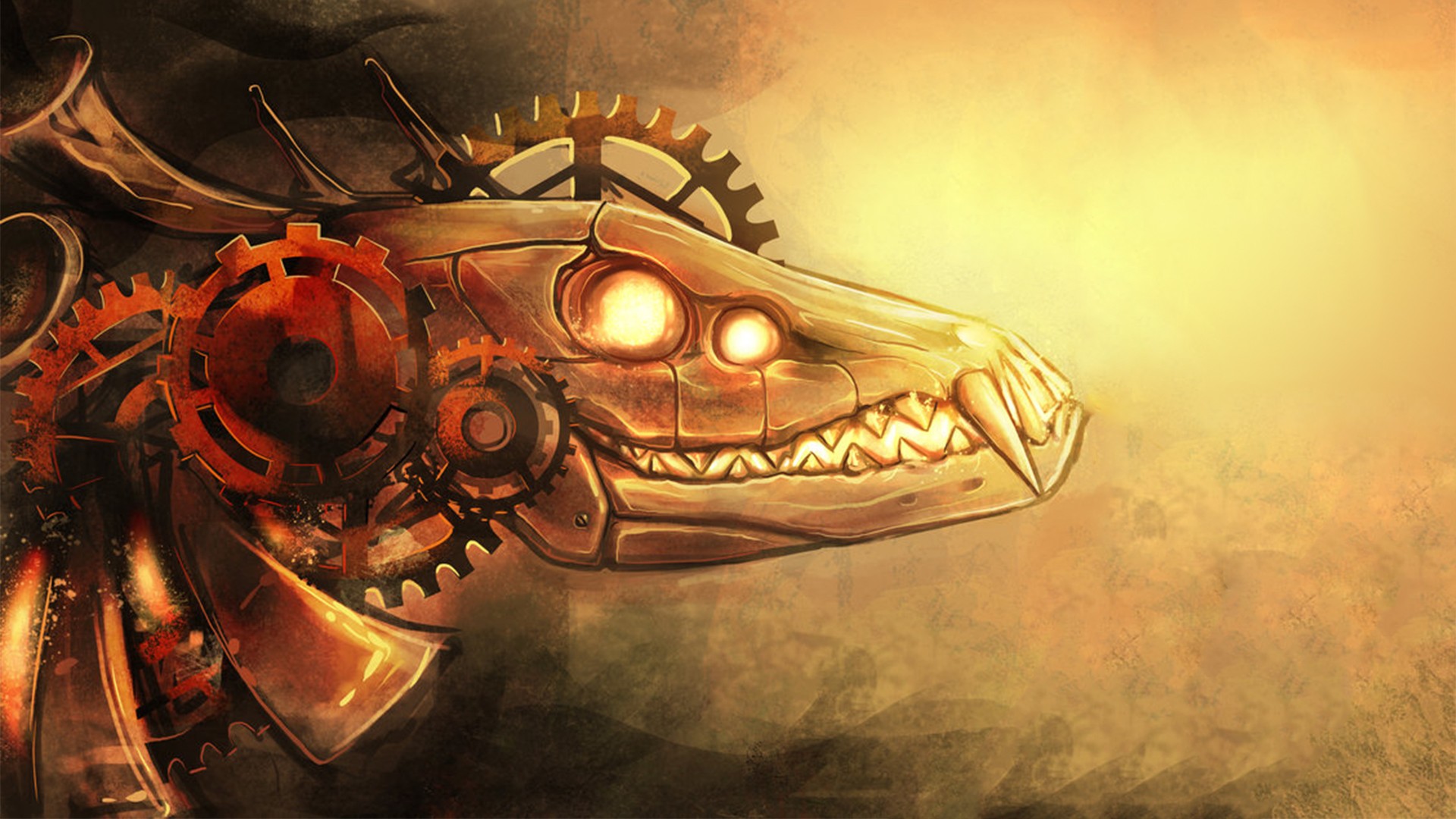 Digital Art Fantasy Art Creature Steampunk Dragon Gears Fangs Drawing Mechanics 1920x1080