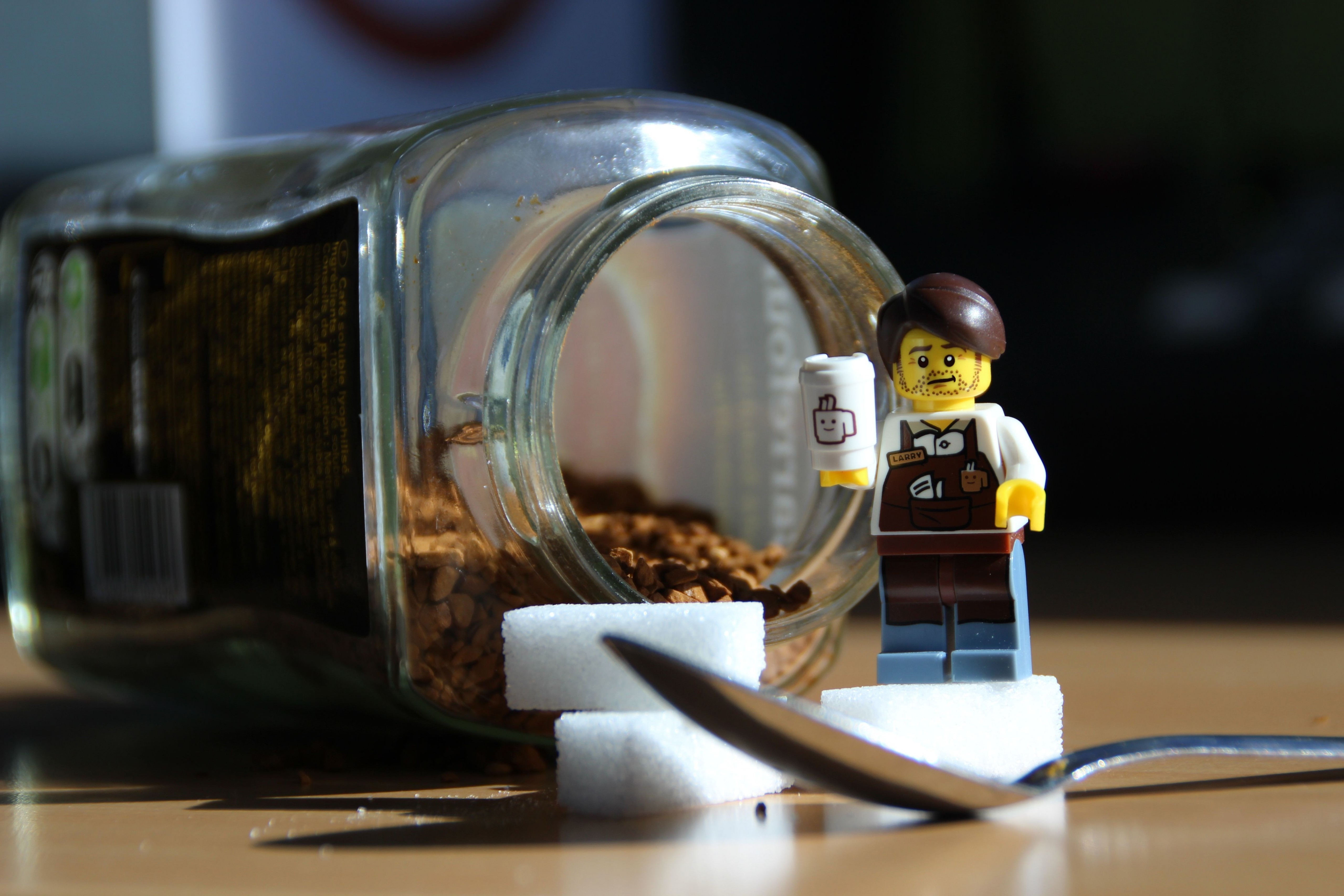 LEGO Toys Closeup Miniatures Humor Photography Depth Of Field Sugar Spoon Coffee Table Nescafe 5120x3413