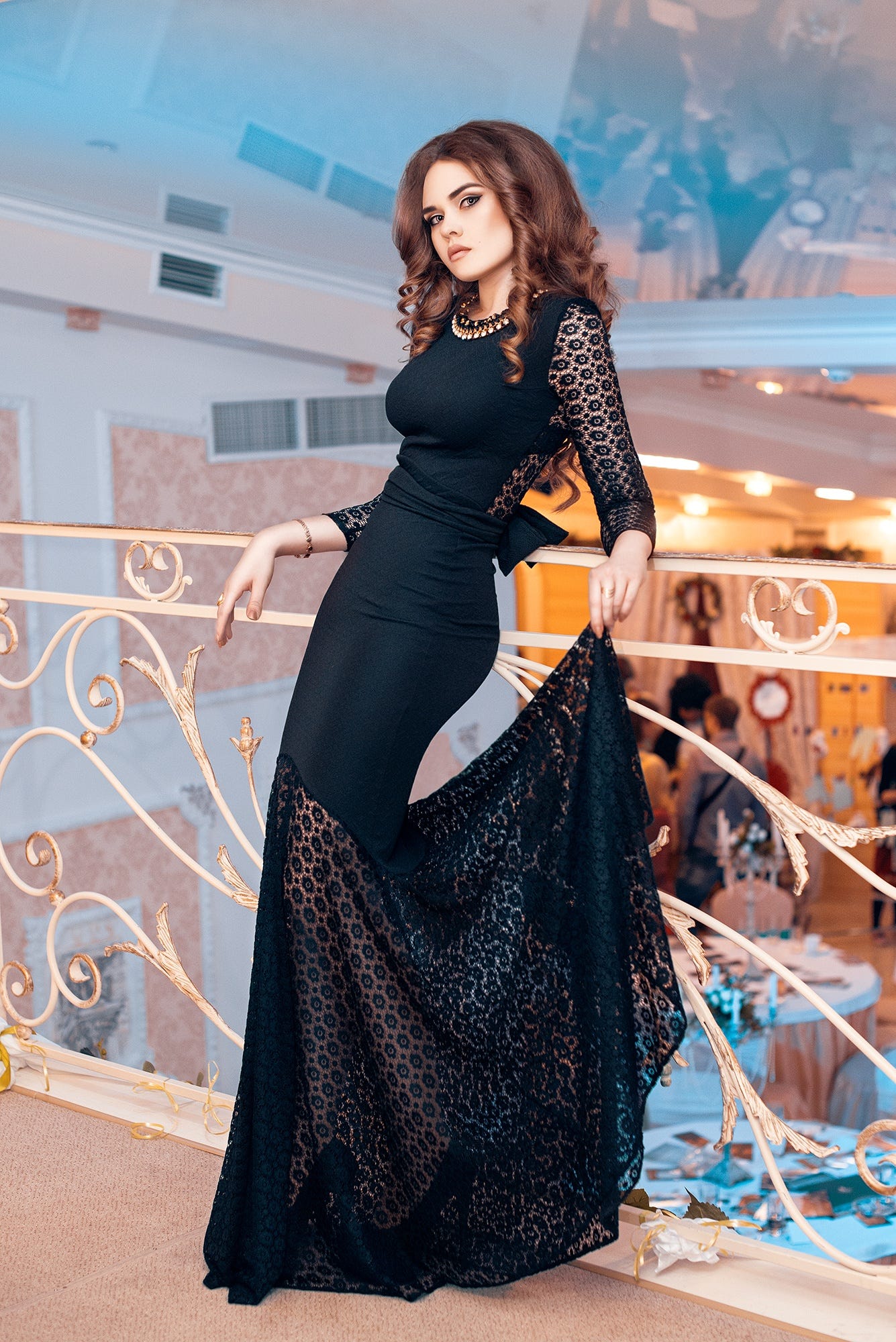 Ilya Novitsky Women Brunette Long Hair Wavy Hair Makeup Dress Black Clothing Balcony Fashion 1335x2000