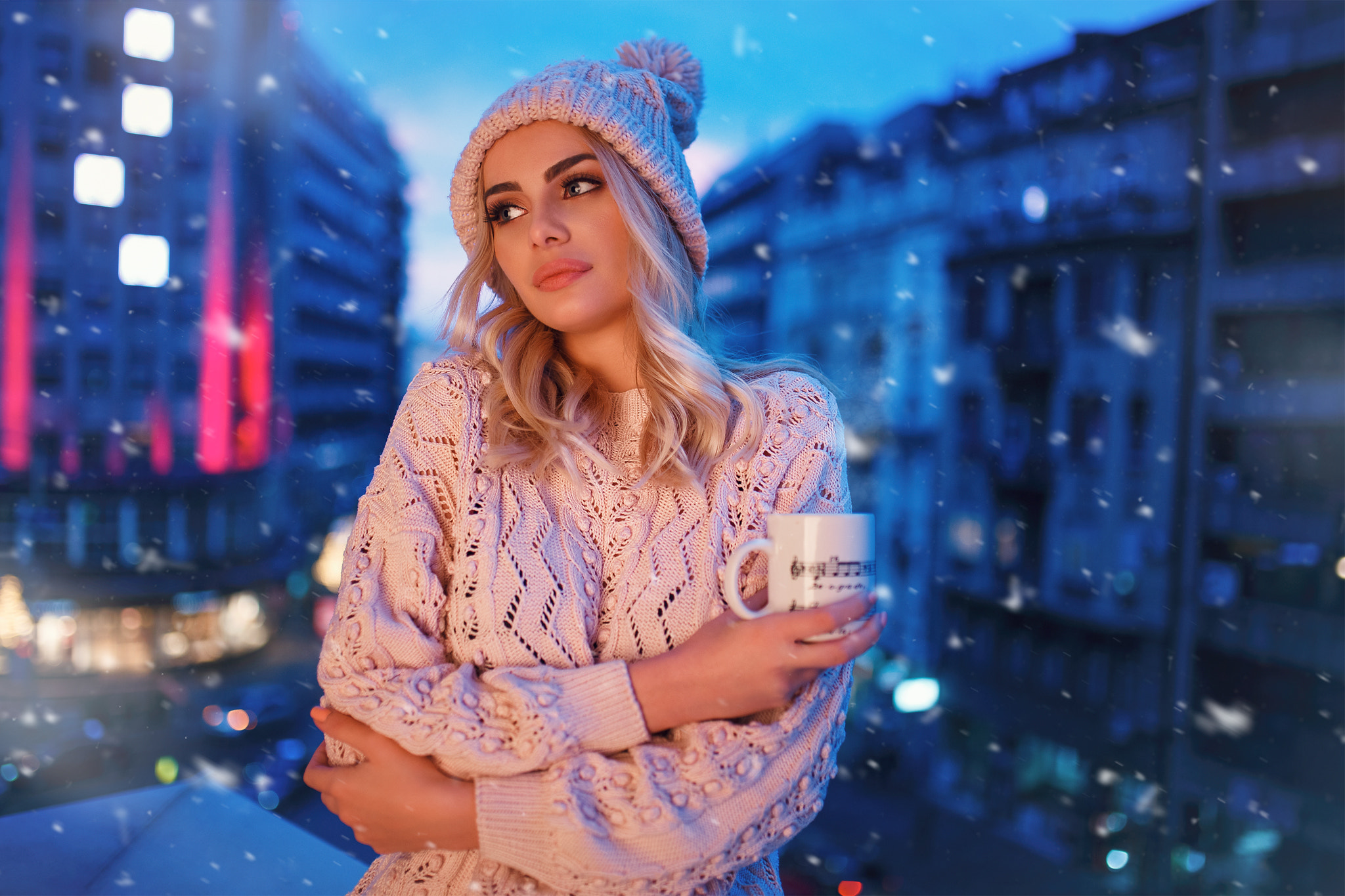 Women Blonde Face Snow Portrait Balcony Blue Eyes Sweater Bokeh Cup Marko Smiljanic White Sweater Lo 2048x1365