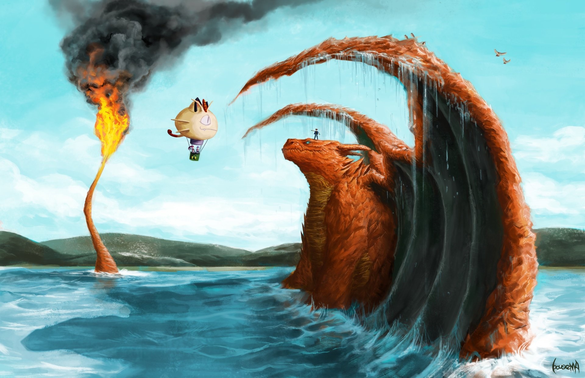 Artwork Fantasy Art Pokemon Charizard Fire Meowth Sea 1920x1242