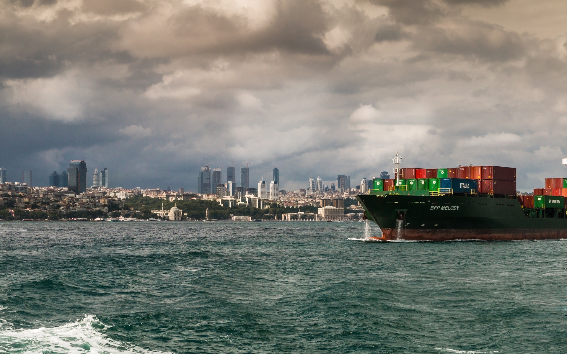 Turkey Istanbul City Cityscape Ship Container Ship Sea Clouds Waves Overcast Merchant Ship 1920x1200