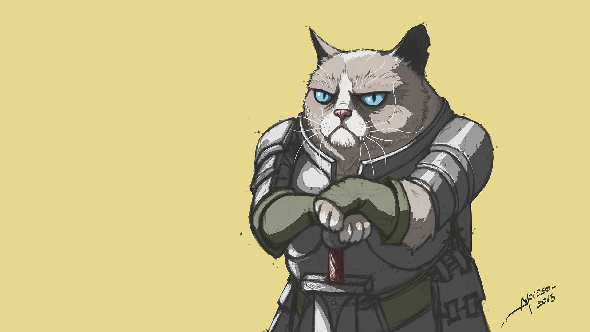 Digital Art Grumpy Cat Memes Warrior Humor Cats Knight Artwork Simple Background Blue Eyes Sword Arm 1920x1080