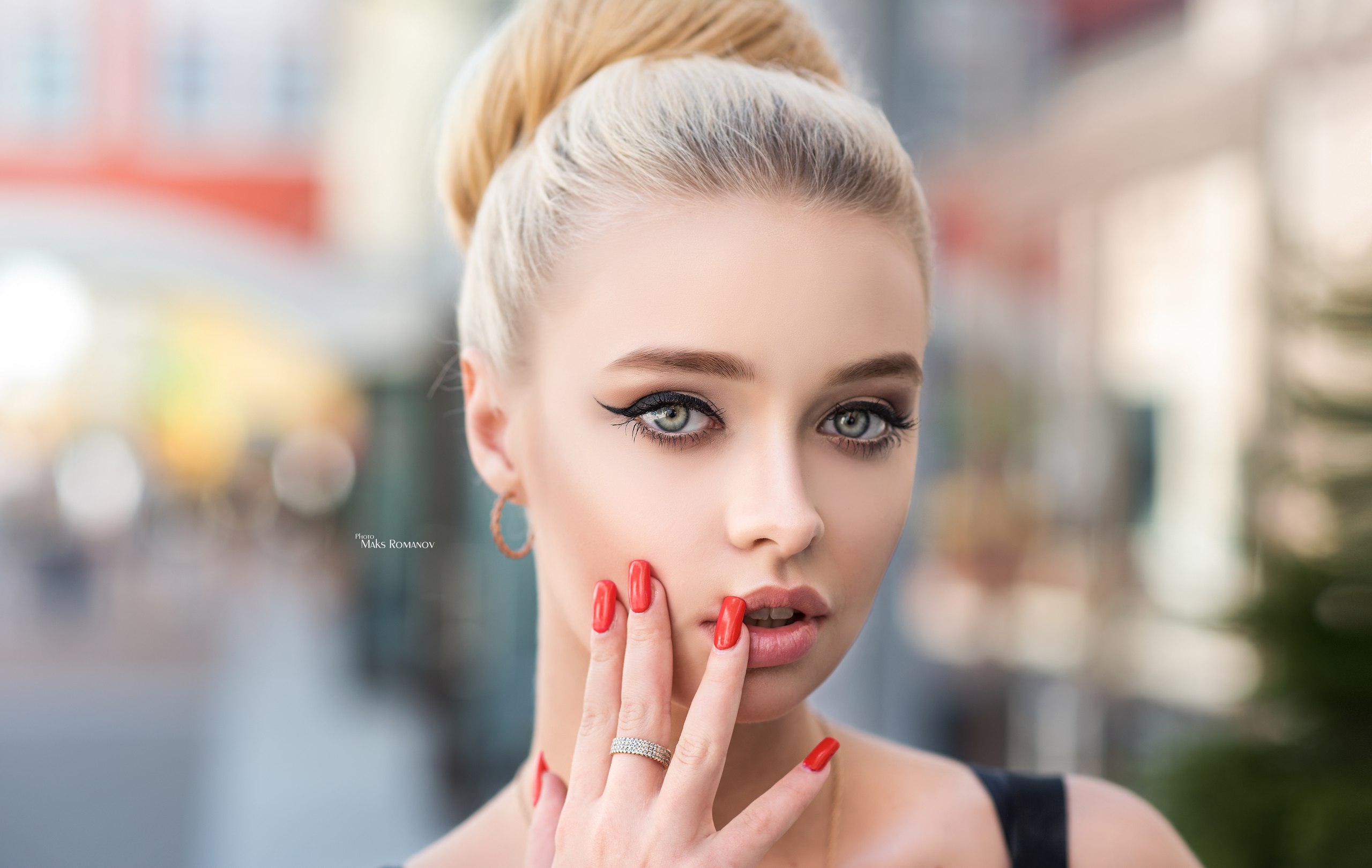 Women Face Portrait Depth Of Field Red Nails Maksim Romanov Eyeliner Blonde 2560x1620
