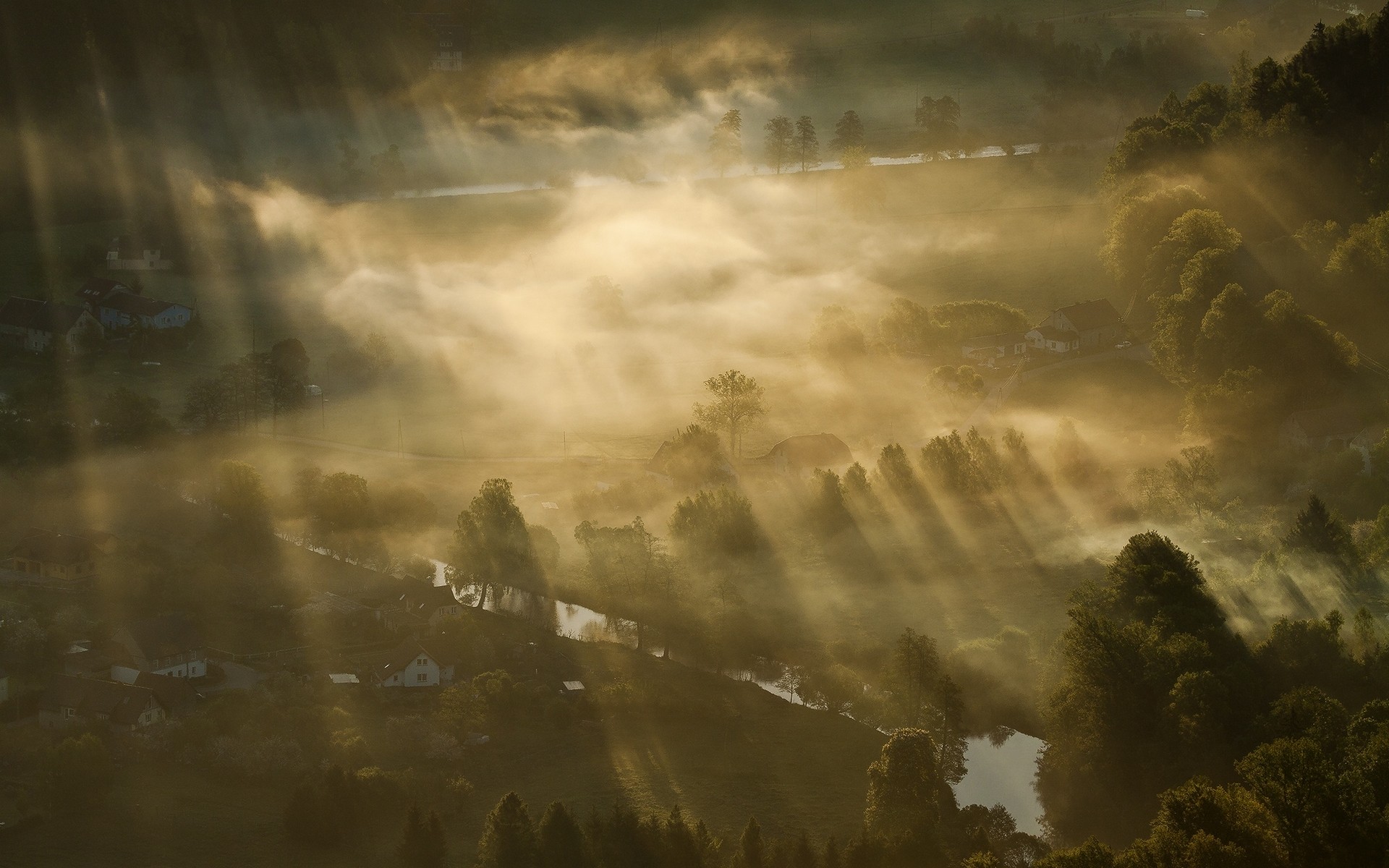 Mist Nature Landscape Sun Rays Aerial View Villages River Trees 1920x1200