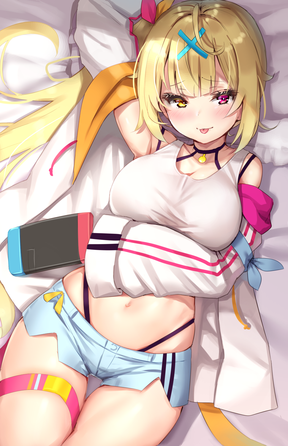 Anime Heterochromia Blush Tongue Out Blonde Long Hair Shorts Nijisanji Virtual Youtuber Hoshikawa Sa 970x1500