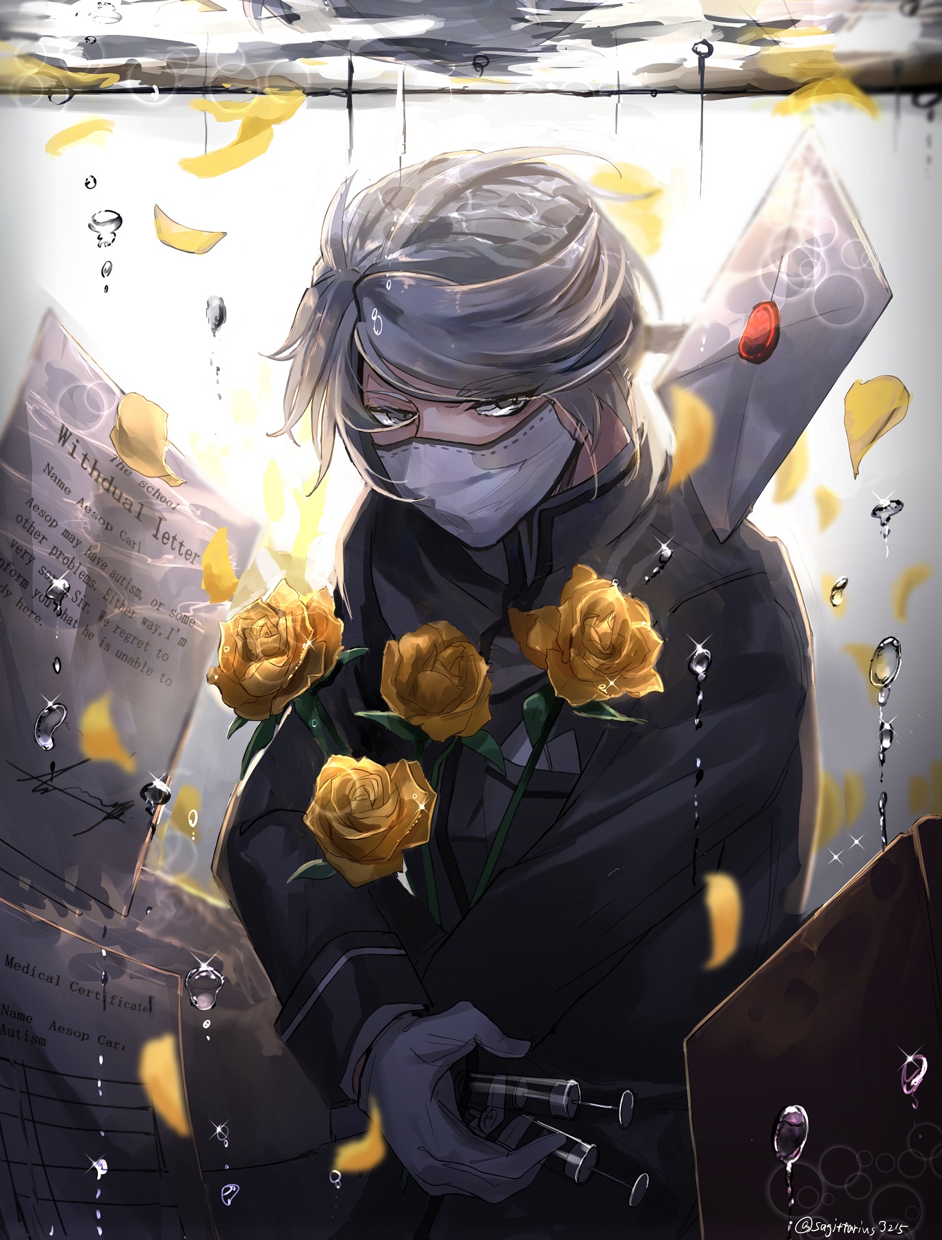 Aesop Carl Anime Yellow Flowers Roses Male Identity V Underwater Bubbles Syringe Letter Hugging Wate 1376x1811