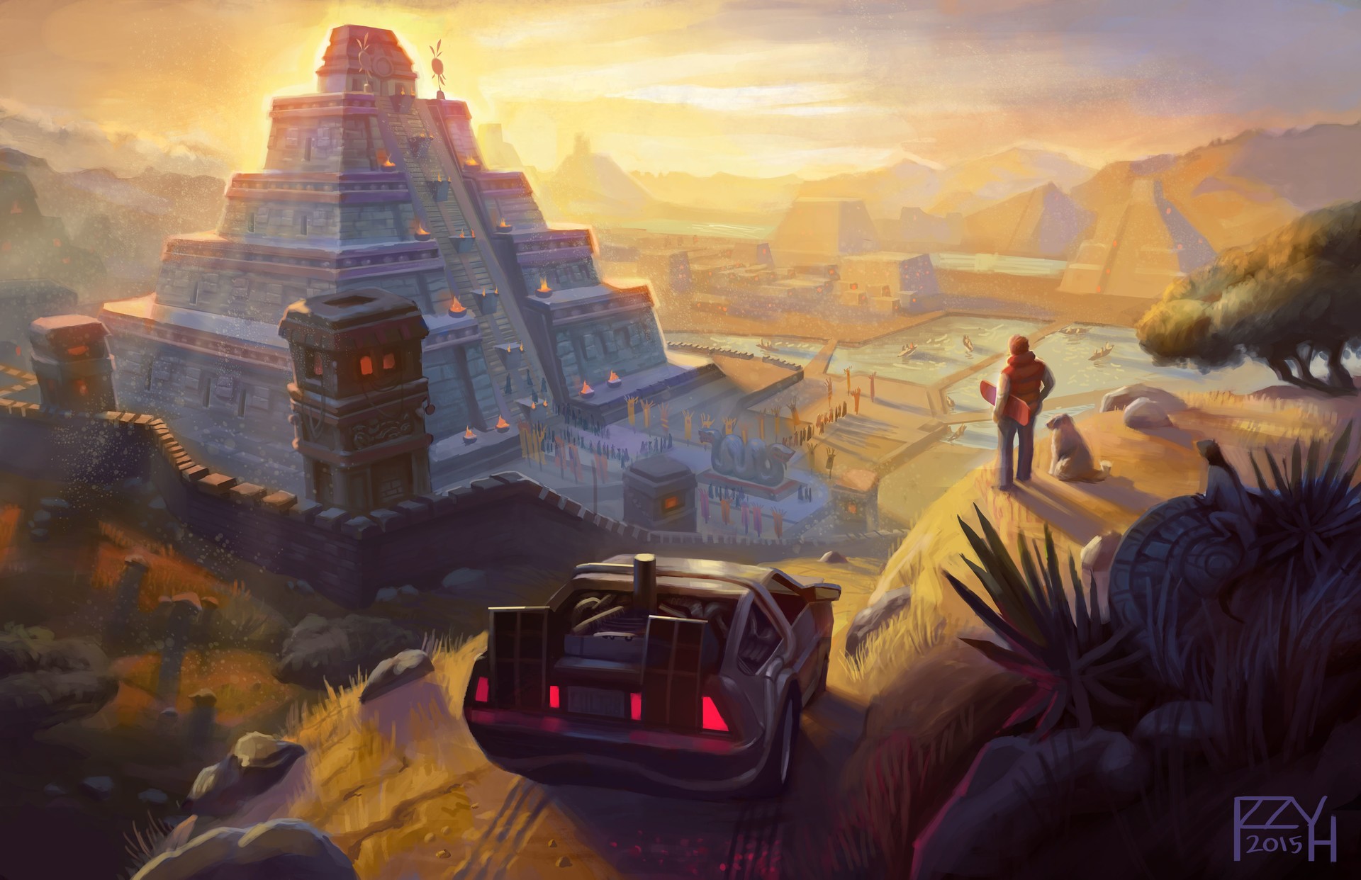 Artwork Fantasy Art Back To The Future DeLorean Pyramid Movies Mayan Aztec Maya Civilization Waterma 1920x1242