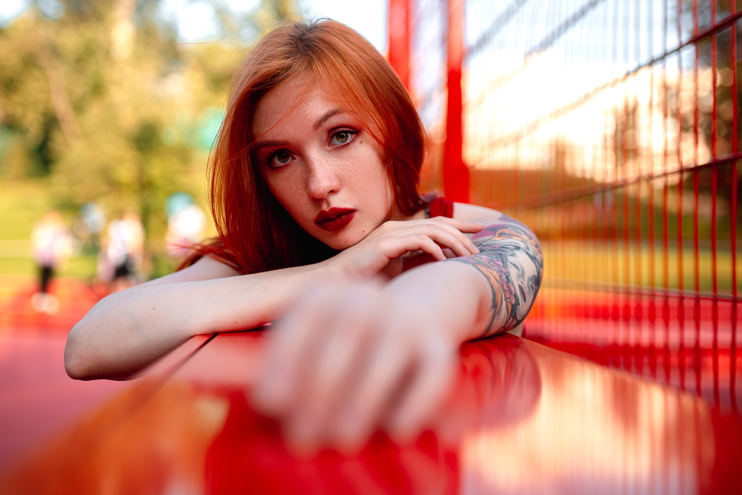 Women Redhead Long Hair Model Freckles Looking At Viewer Red Lipstick Face Portrait Bokeh Tattoo Ink 2560x1707